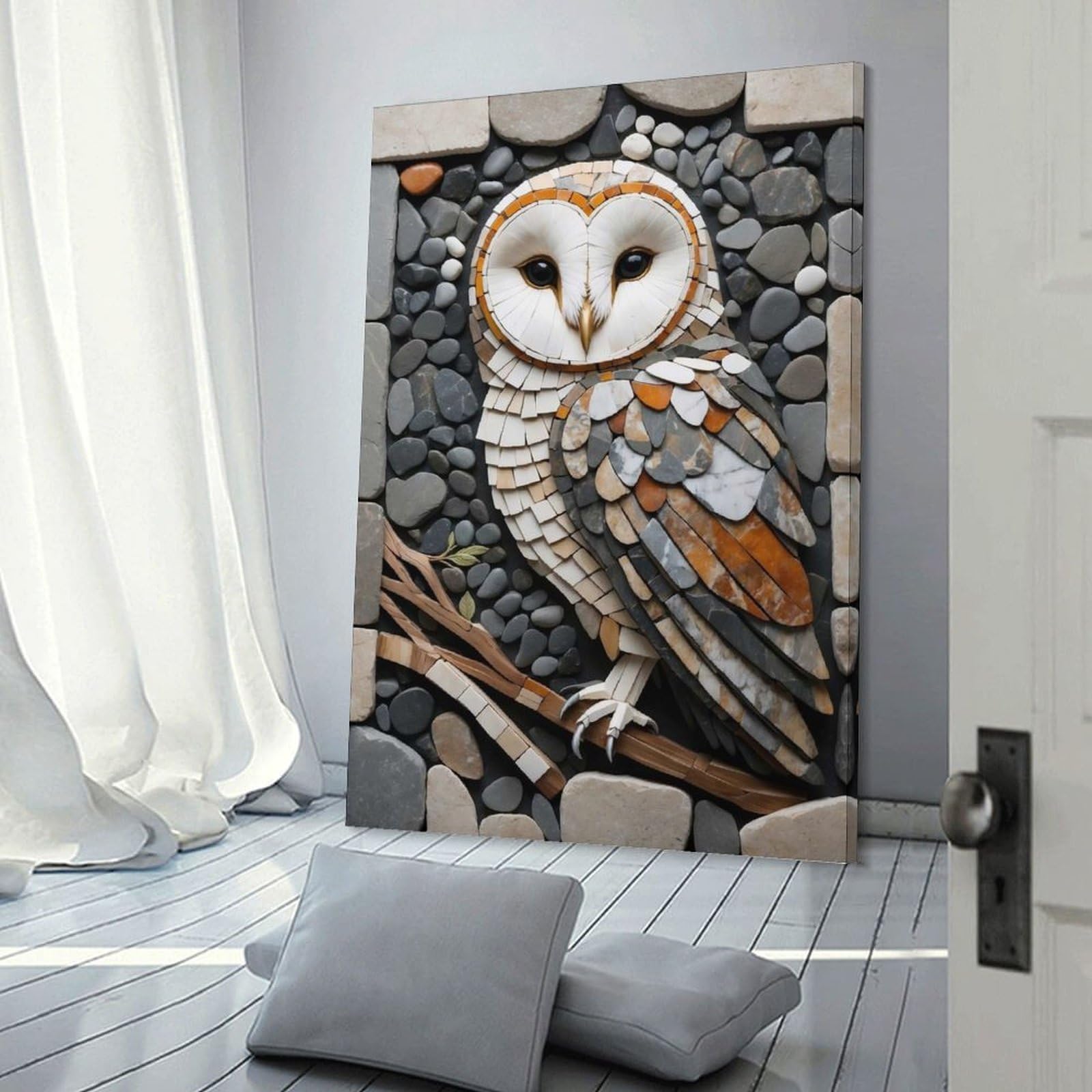 Junmoney Frame-Style-16 Stone Owl Mosaic Art Canvas Wall Picture, 20X30inch(50X75cm), For Flats, Guest Rooms Or Compact Rooms, An Easy Choice For New Home Styling