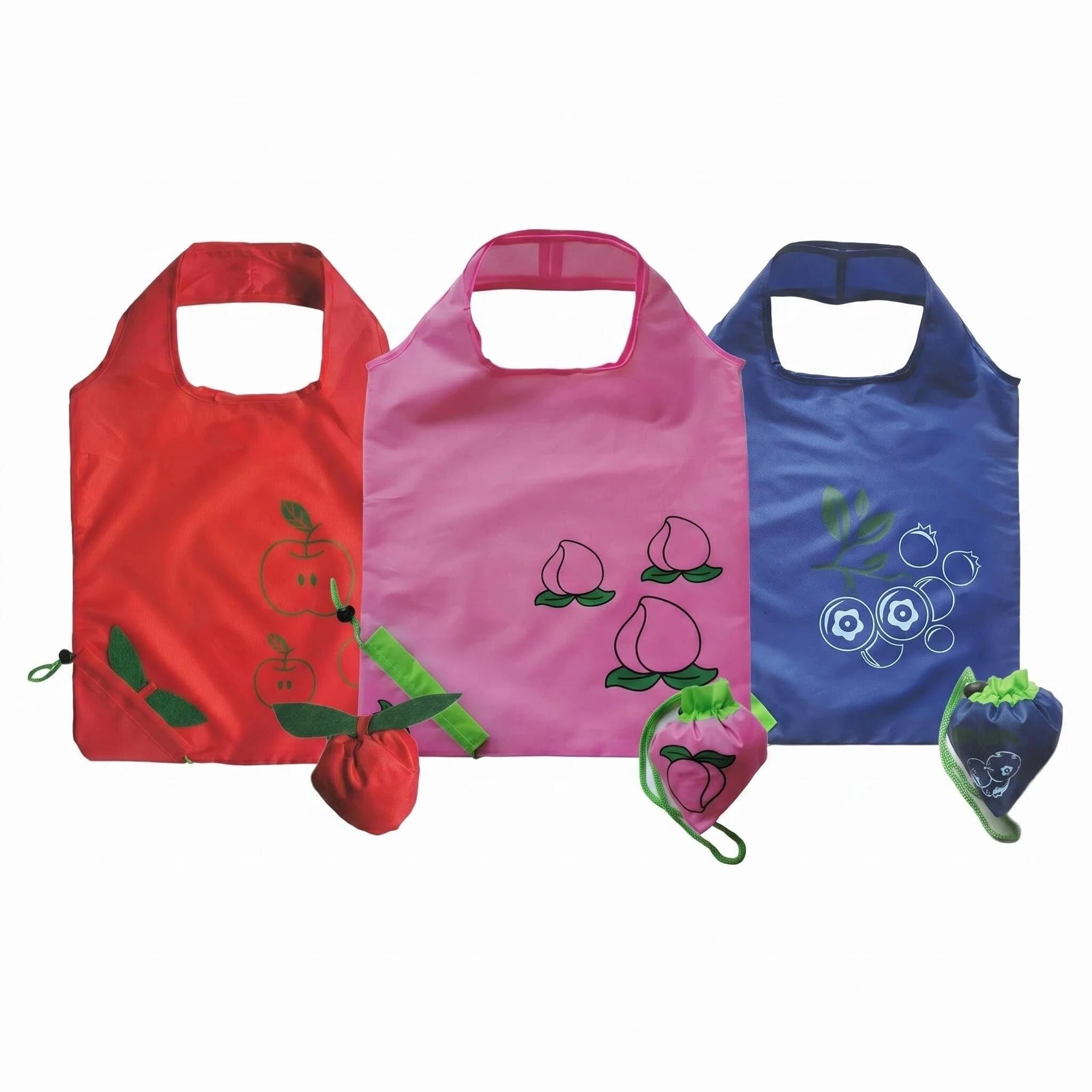 PLUSHCEWT 3 Pcs Fruit Foldable Shopping Bags, Reusable Tote Bags with Hand Strap, 38x53cm Portable Grocery Bag that Folds into Cute Fruit Pouch, Lightweight Durable for Shopping, Travel, Beach (M2)