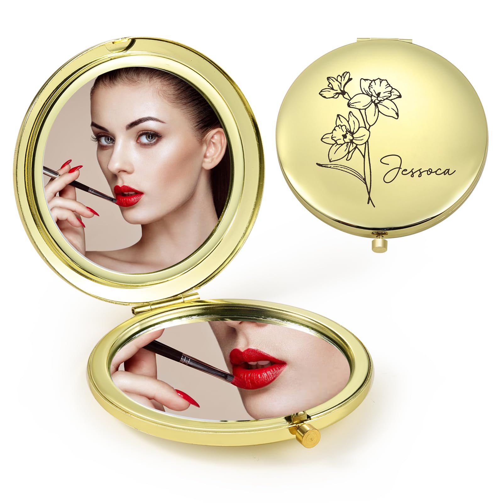Ahgmeside Personalized Compact Mirror for Women - Pocket Mirror for Women,Custom Birthflower Travel Makeup Mirror for Wife, Mom, Bridesmaid Gifts for
