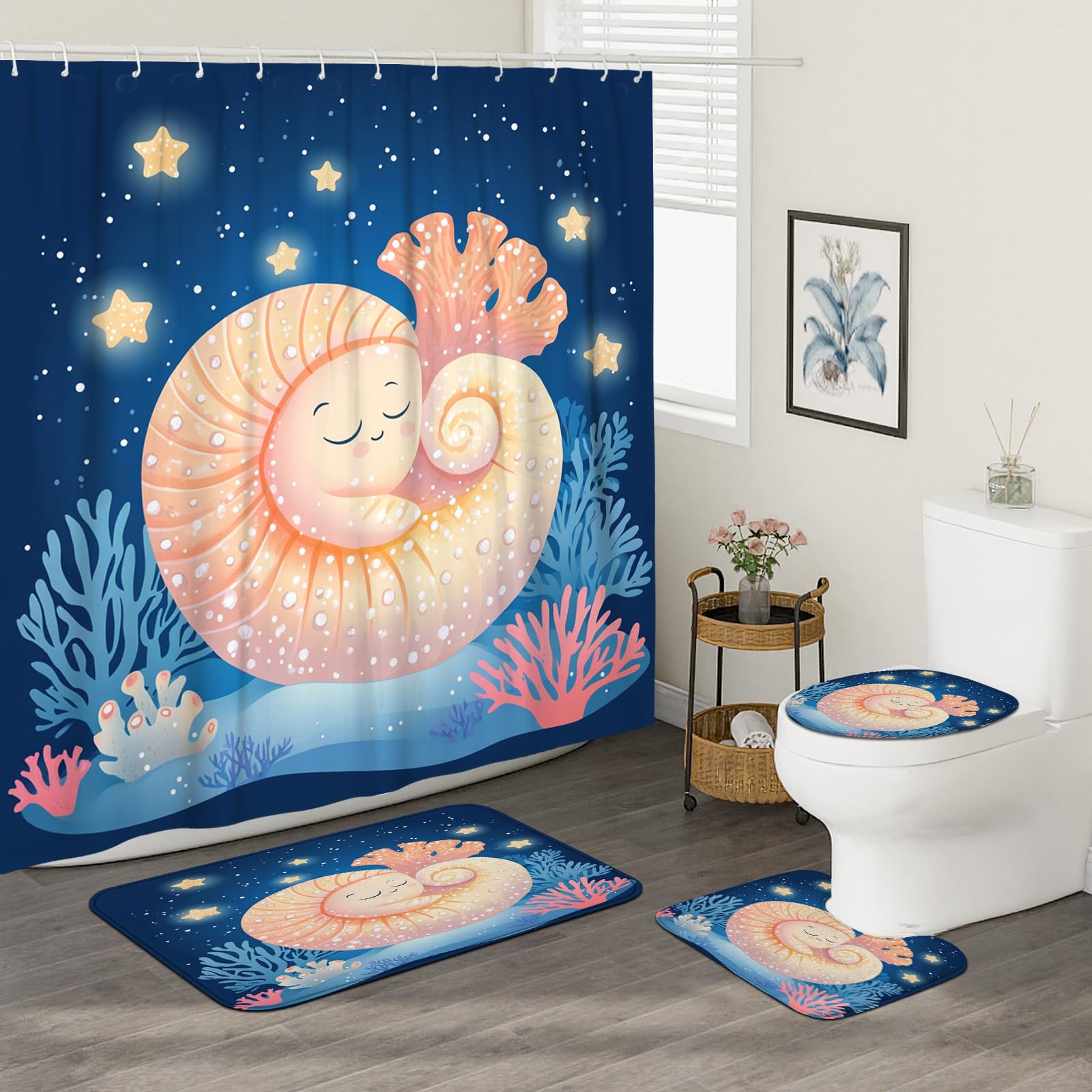 DESIHOM 4PCS Cartoon Coastal Nautilus Shower Curtain Sets with Non-Slip Rug, U Shape and Toilet Lid Cover Mat, Cute Seashell Kid Home Decor, Bathroom Accessory with 12 Hooks