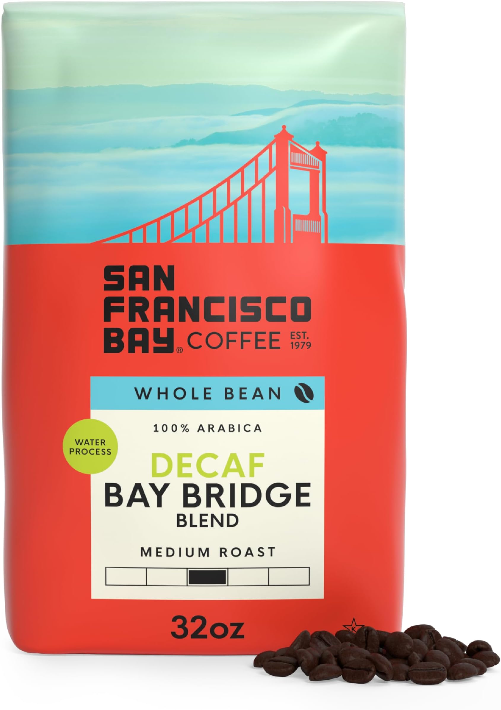 Decaf Whole Bean Coffee, Decaf Bay Bridge Blend (32 oz Bag), Medium Roast Coffee Beans, Swiss Water Process