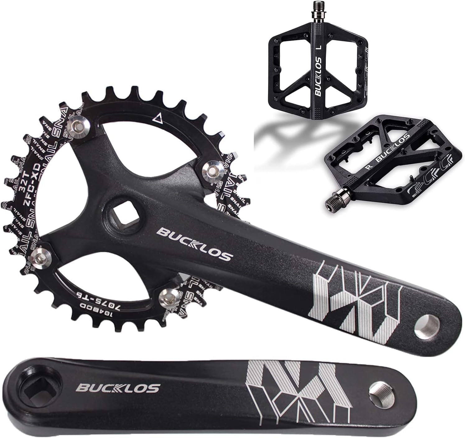 BUCKLOS MTB 170mm Square Taper Crankset, 104 BCD Mountain Bike Narrow Wide Tooth Chainring 32T, Single Speed Oval Black Chainring and Crank，MTB Road Bike 3 Bearing Lightweight Pedals