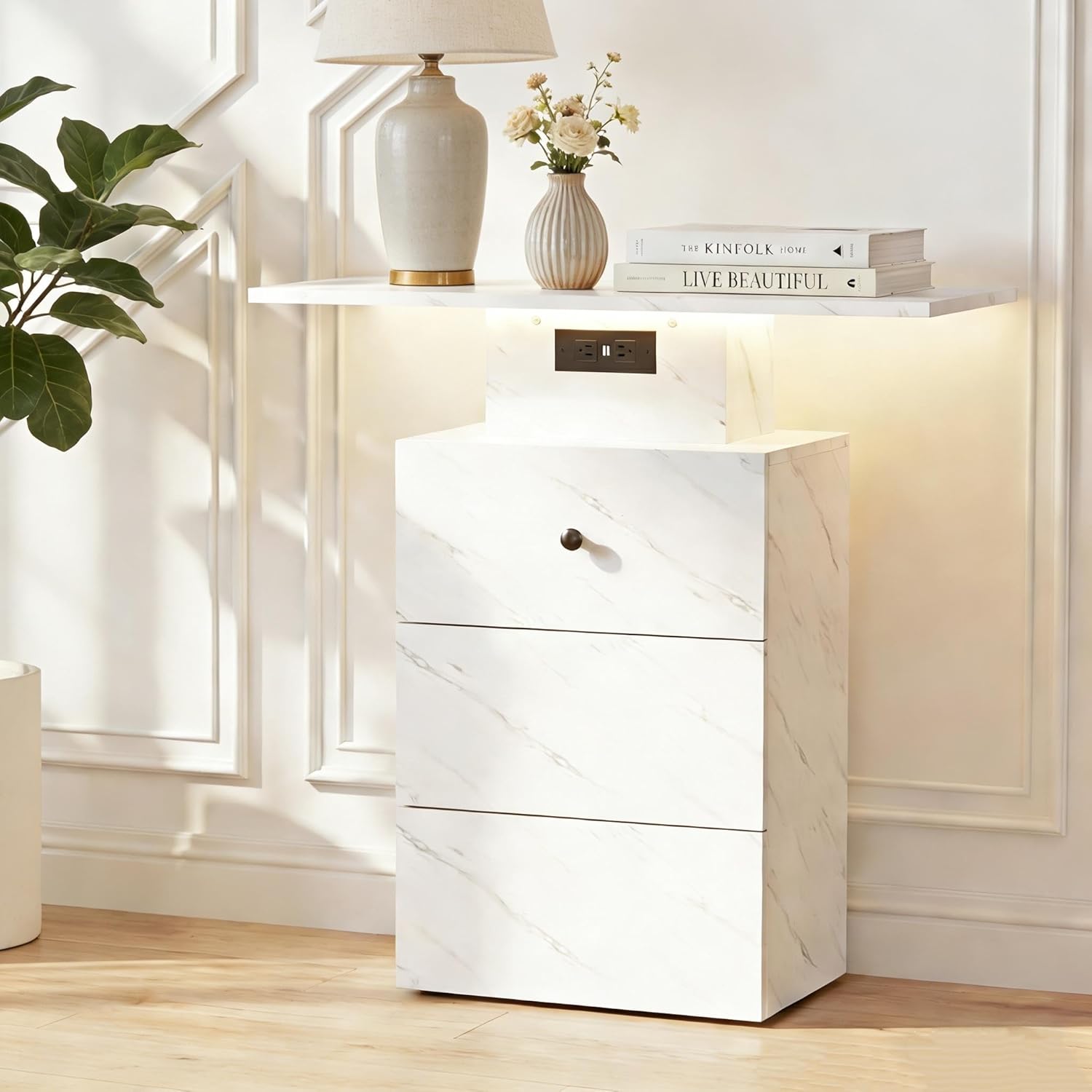 Console Tables for Entryway, Faux Marble Console Table with LED Light and Outlet, 31.5" Narrow Entryway Table with Storage Drawer, Modern Sofa Table Behind Couch for Living Room Hallway Entrance