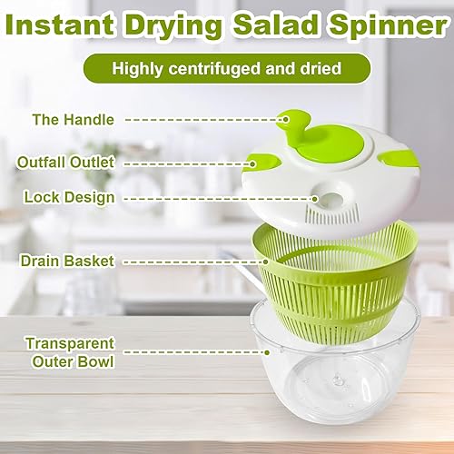 Miniatura 3 de Ensalada hilandera, secadora de lavado de verduras y frutas, hiladora de lechuga, para lavar frutas, verduras, pasta, verde, 5L