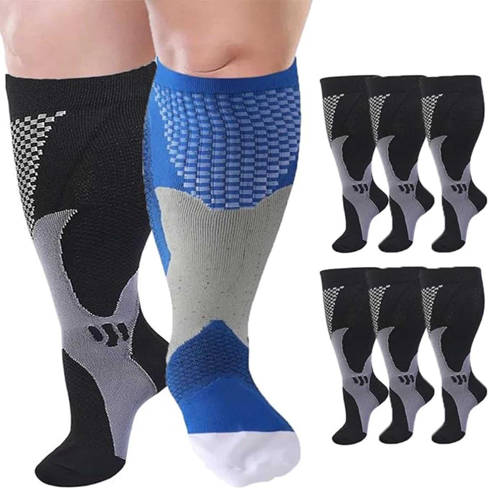 Cheeroyal 6 Pairs Plus Size Compression Socks Wide Calf for Men Women 20-30mmhg for Running Travel Flight Teachers