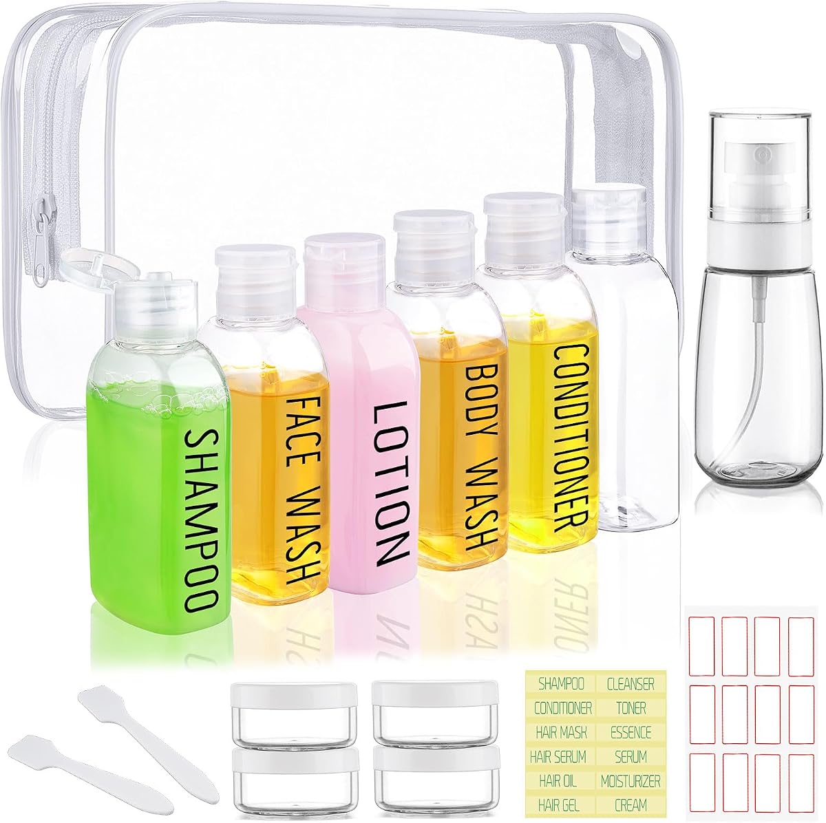 Travel Bottles for Toiletries 10 Pcs 3.4oz Travel Size Toiletries | Leak Proof, Clear Pre-printed, Plastic 0.35oz Cream Jar, 2oz Spray Bottle for Hair Care, Shampoo, Conditioner, a Toiletry Bag
