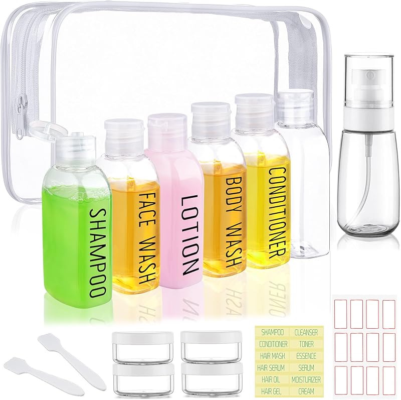 Travel Bottles for Toiletries 10 Pcs 3.4oz Travel Size Toiletries | Leak Proof, Clear Pre-printed, Plastic 0.35oz Cream Jar, 2oz Spray Bottle for Hair Care, Shampoo, Conditioner, a Toiletry Bag