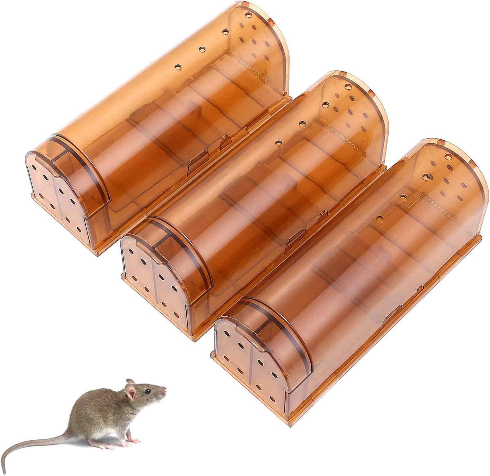 Humane Mouse Trap Catch and Release, No Kill Mouse Traps, 3 Pack Live Mouse Traps, Easy to Set and Clean, Reusable Live Mouse Trap for Indoor/Outdoor, Kids/Pet Safe (Brown)