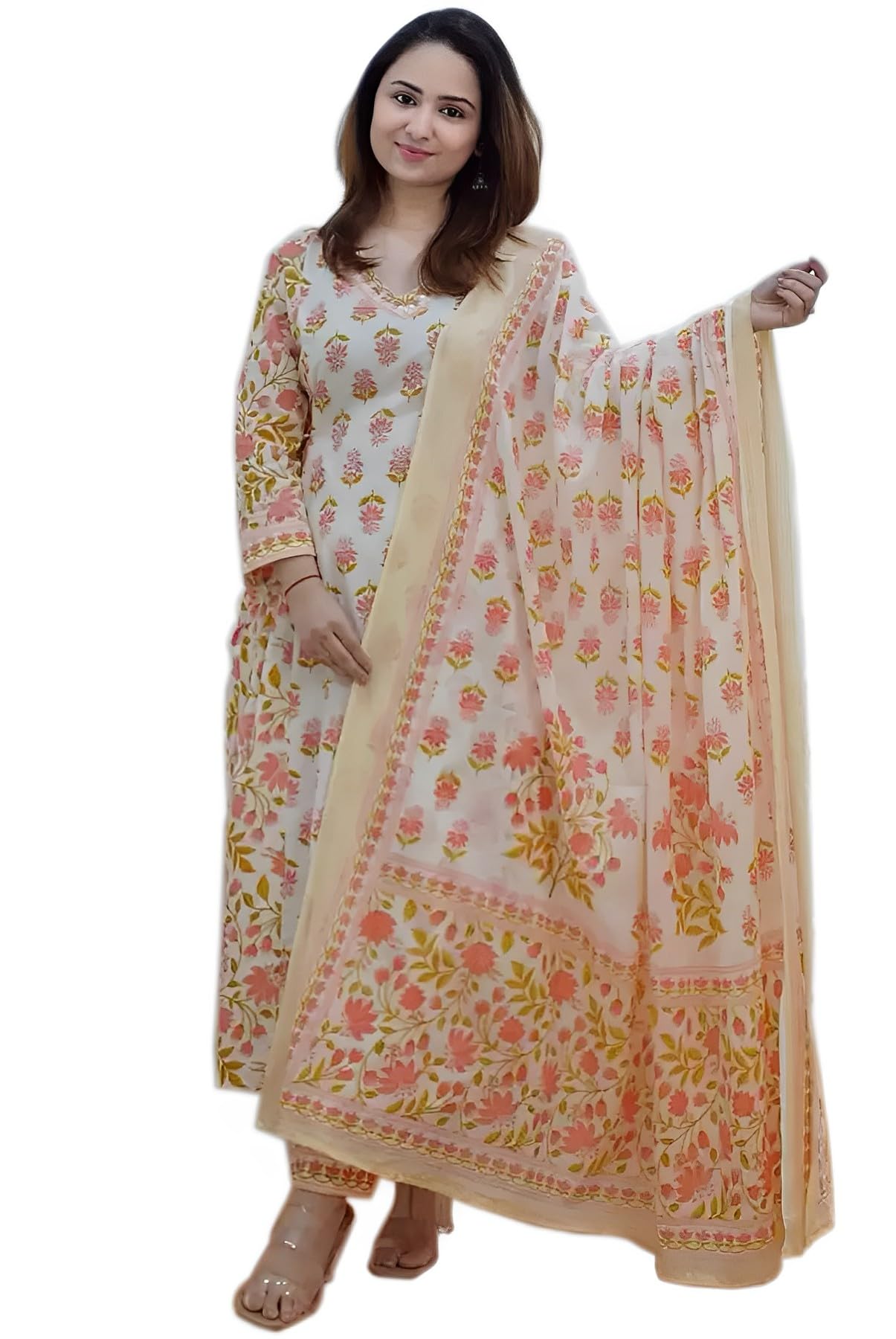 GenericAARAV CREATION Women's Cotton Floral Print Kurta With Afghani Pant and Dupatta Set,afghani salwar suit for women (Orange,M to XXL)