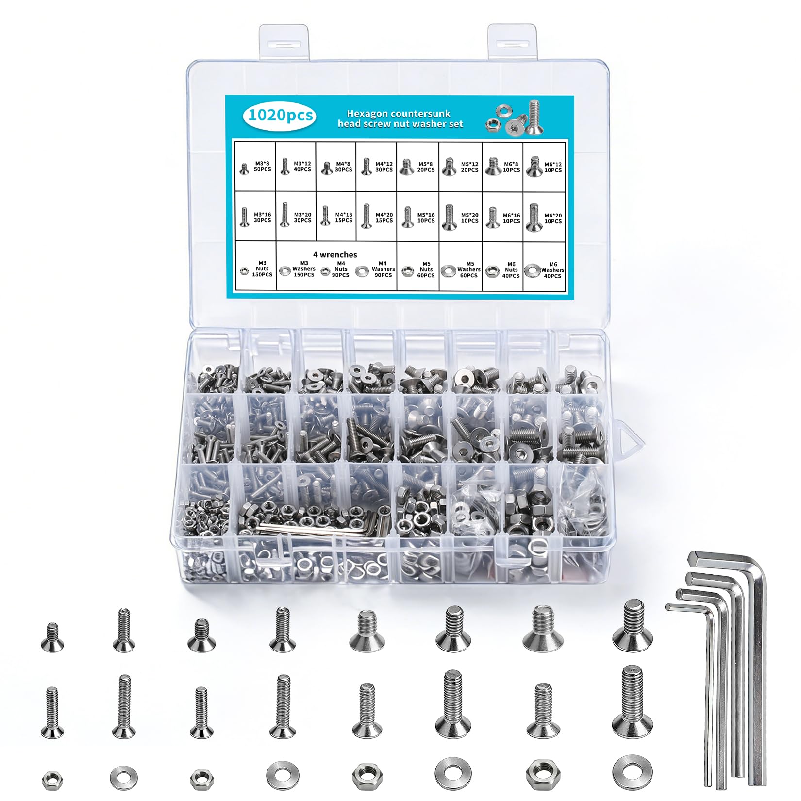 1020 Pcs M3 M4 M5 M6 Nuts and Bolts Assortment, Countersunk Bolts and Nuts Set, Countersunk Screws Set, Flat Head Hex Socket Head Cap Machine Screws and Washers Kit(Silver)