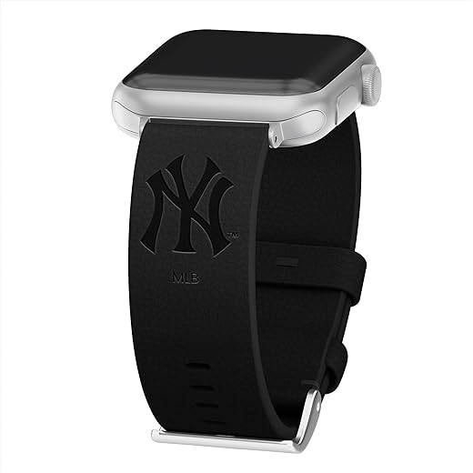 Game Time New York Yankees Premium Leather Watch Band Compatible with Apple Watch (42/44/45mm Long Black)