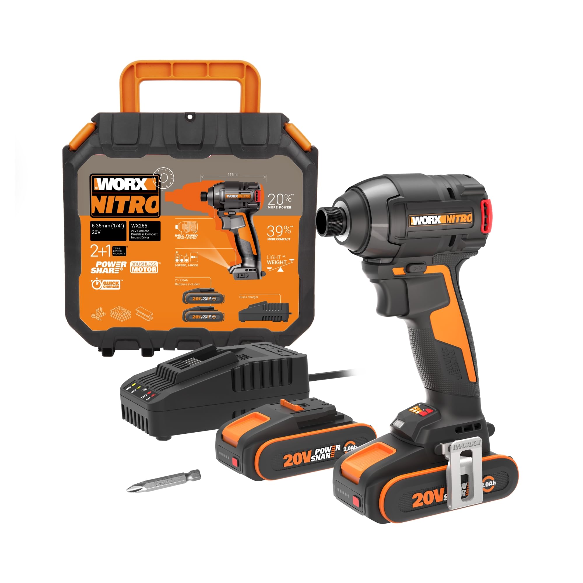 WORX WX265 Atornillador de Impacto Nitro 20V Brushless 200Nm, 3 Velocidades, 2 Modos, 2 Baterías 2Ah, para Metal, Madera y Automoción