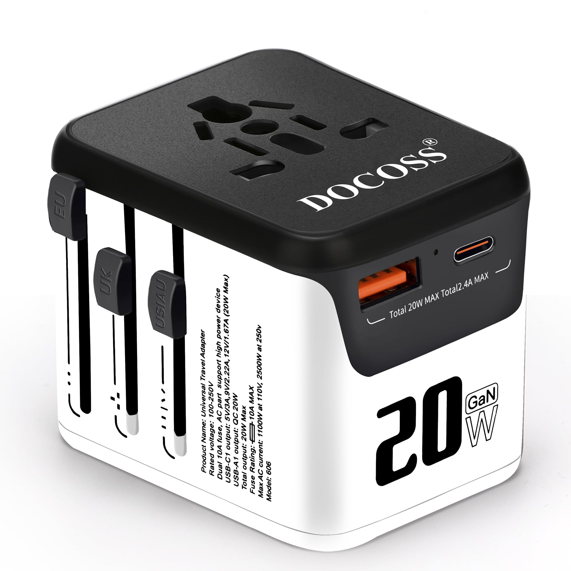 Docoss Fast Charging Universal Travel Adapter International All-in-One Adapter with Type C,QC 3.0,W/3.1A Universal Adapter for UK,US, EU-Universal Plug Power Adapter (Whte-Black)