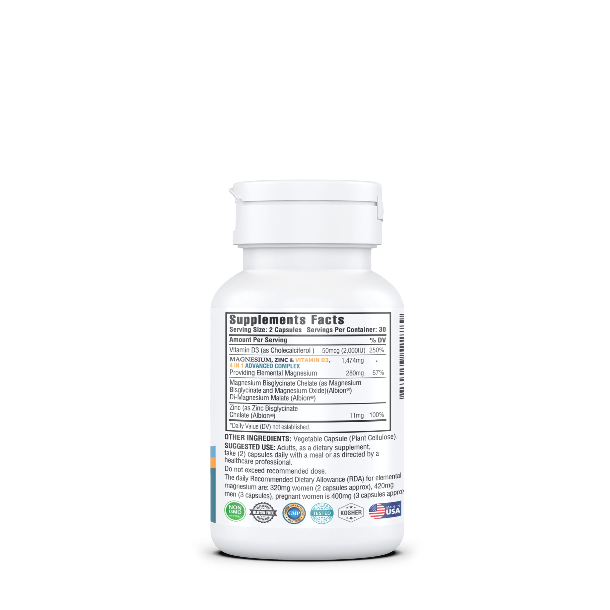 Kappa Nutrition Magnesium 4-in-1, 280mg Elemental Magnesium (Bisglycinate, Malate) + Zinc & Vitamin D3, Brain, Sleep, Energy, Muscle, Immune Support, 60 Vegan Capsules. — Amazon image 11