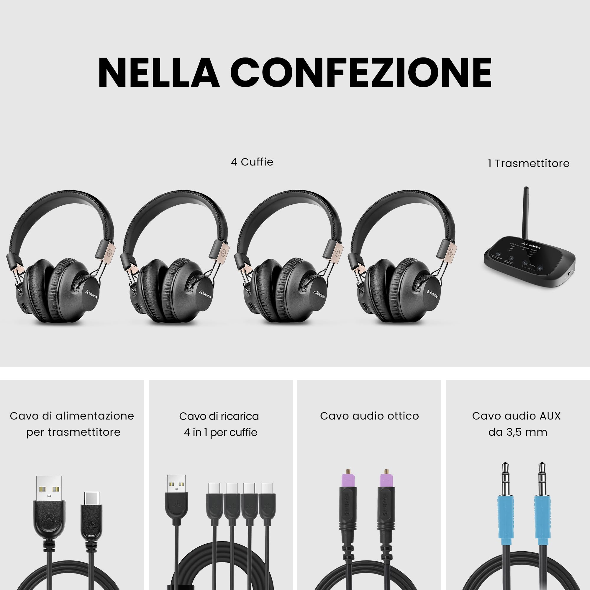 Avantree Quartet 2 - Sistema di Ascolto di Gruppo wireless compatibile con Bluetooth per TV, chiesa, Silent Disco, aula, studio con bassa latenza e voci chiare - Collega più cuffie a telefono, PC, TV