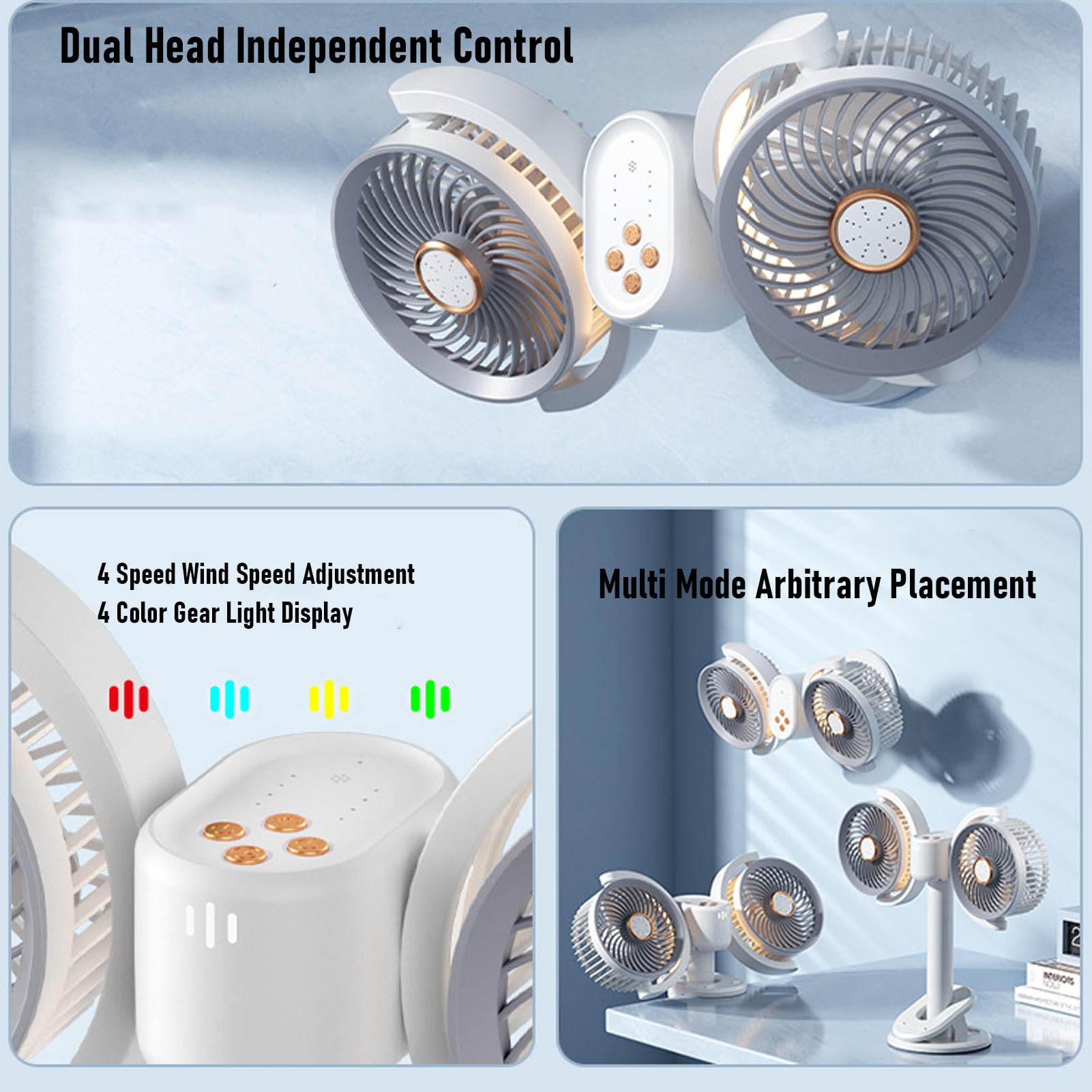 Ventilatore da Tavolo Ricaricabile con Doppia Testa, 2400mAh con | Ventilatore portatile con clip personale, ricaricabile tramite USB, ruotabile a 360°, per auto, letto, ufficio, campeggio,