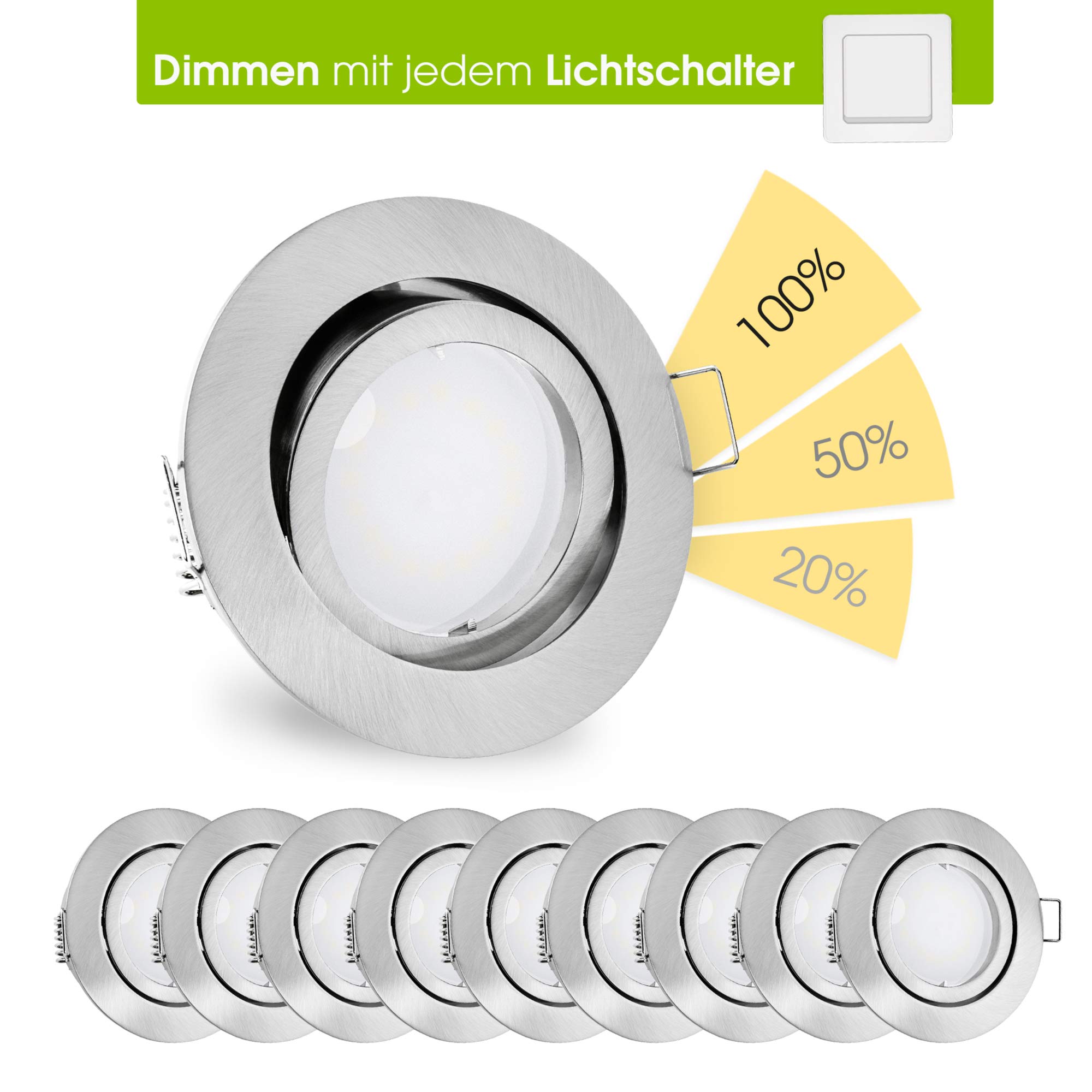 linovum 10 Stück fourSTEP Einbaustrahler LED schwenkbar dimmen ohne Dimmer - LED GU10 5W warmweiß - Einbau Spot rund gebürstet