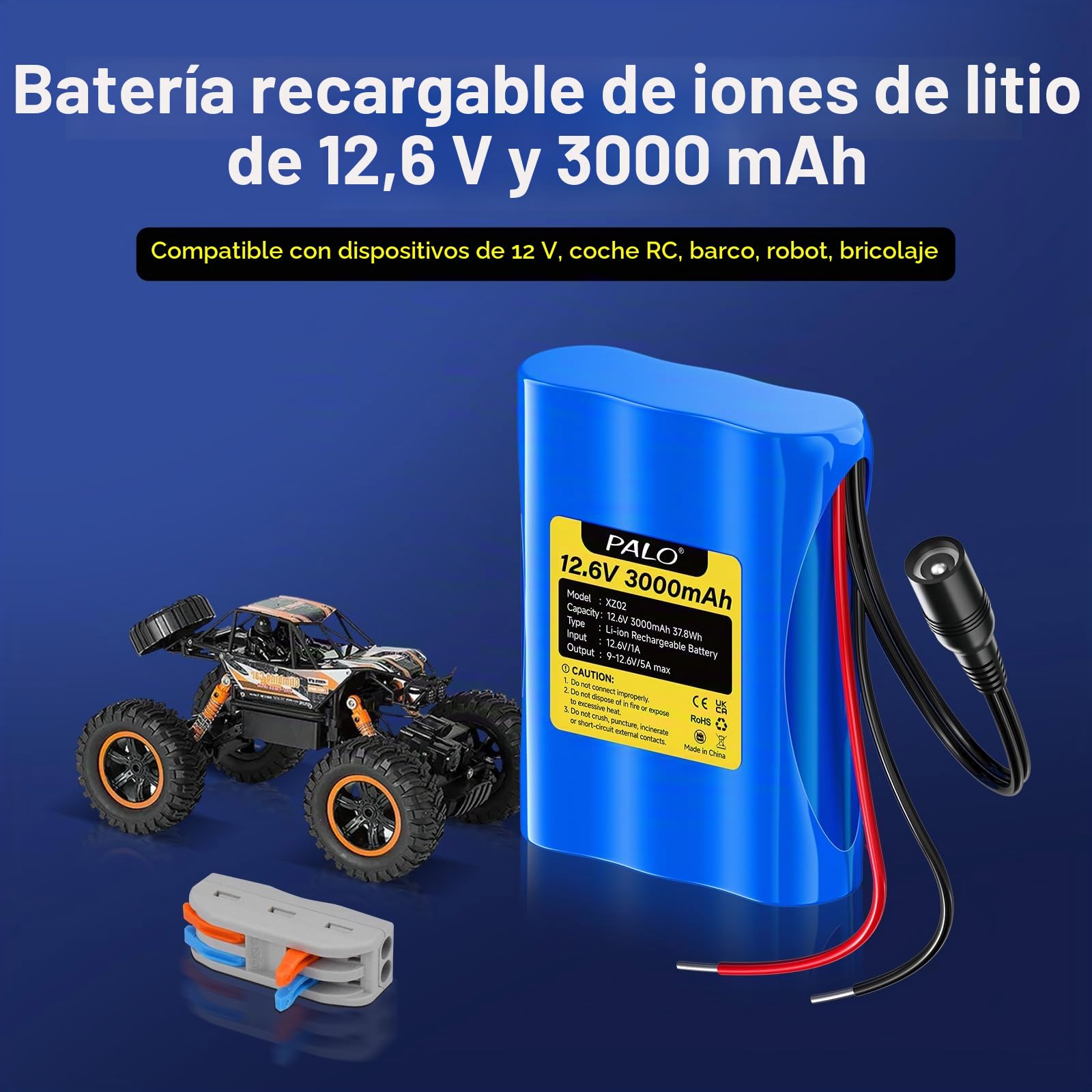 Batería de Iones de Litio de 12,6 V 3000 mAh con Cargador y 2 líneas de conexión para Panel Solar, Radio, cámaras, videocámaras, lámpara de Lectura de Bricolaje, telescopios, Sonar