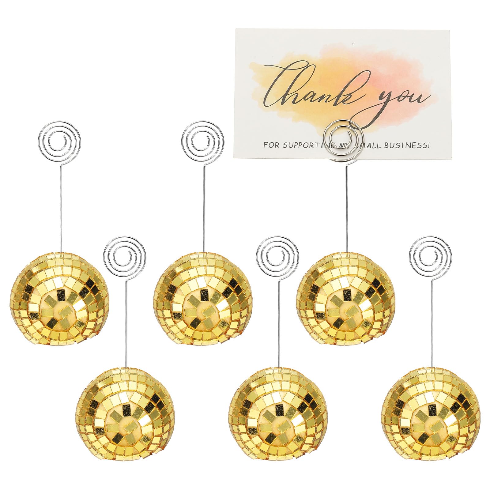 PATIKIL 2 Inch Disco Ball Place Card Holder, 6Pcs Disco Table Sign Holder Table Number Holders Name Card Stands with Clip for Decor Photo Menu Display Wedding Birthday Party, Gold