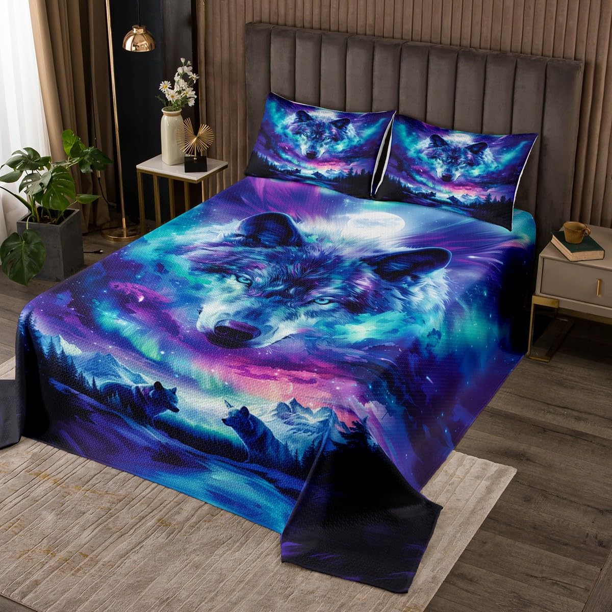 Castle Fairy Wolf Silhouette Coverlet Set Queen Size Gradient Aurora Galaxy Bedspread Fashion Room Decor Wolf Safari Animal Quilted for Teens Gift Dreamy Natural Landscape Bedding with 2 Pillowcases
