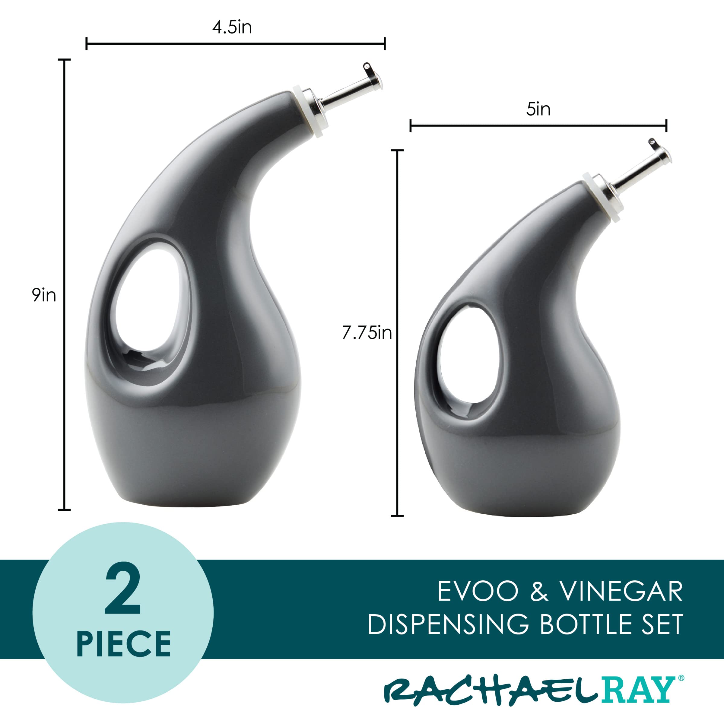 Rachael Ray Serveware EVOO - Juego de botellas dispensadoras de aceite y vinagre de cerámica, 2 piezas, color gris