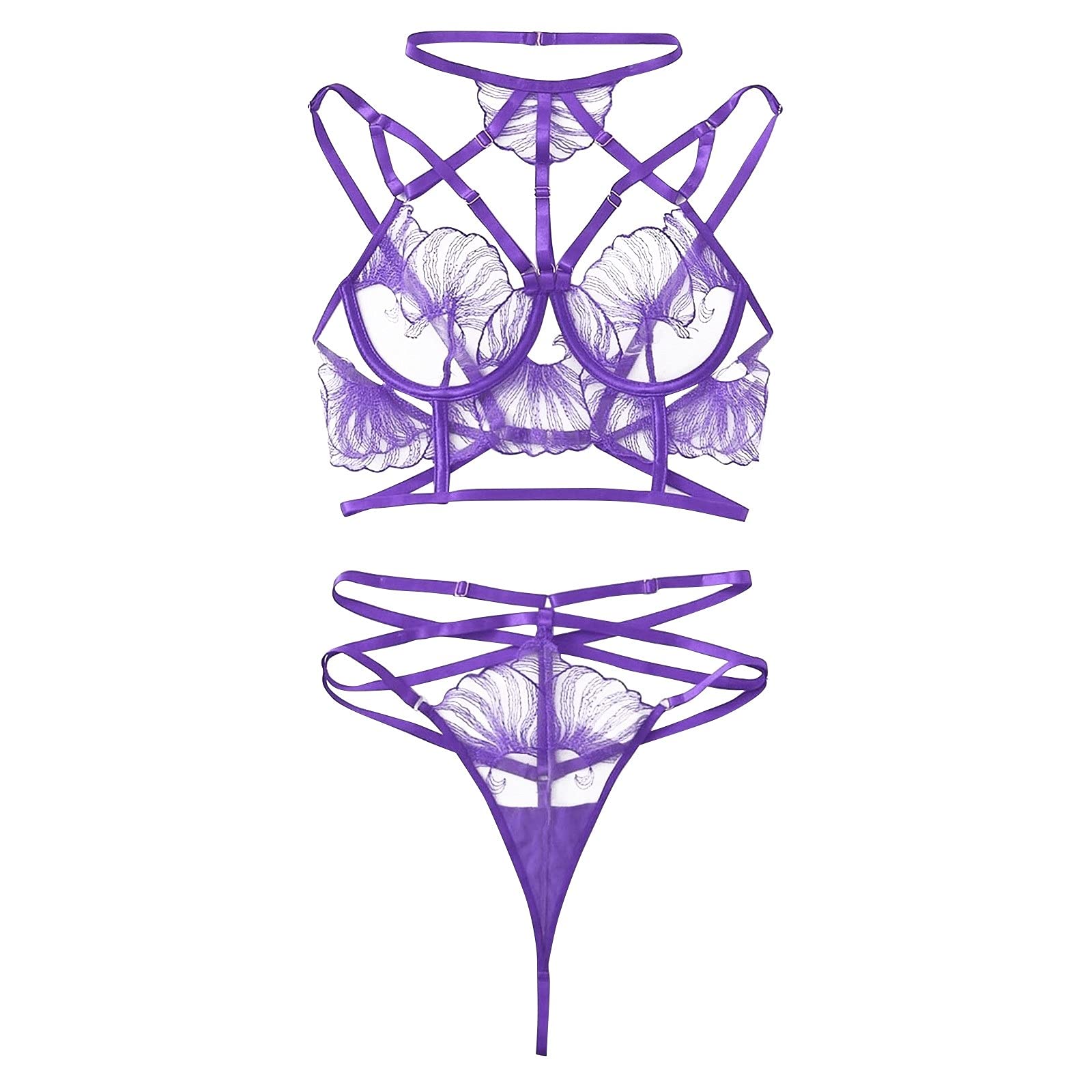 Camicie da Donna e Vestaglie da Donna Ricamo in Pizzo Prospettiva Reggiseno Perizoma Set Lingerie Sexy Babydoll Set di Biancheria Intima (Colore: Rosa, Taglia: Grande) (Purple S)