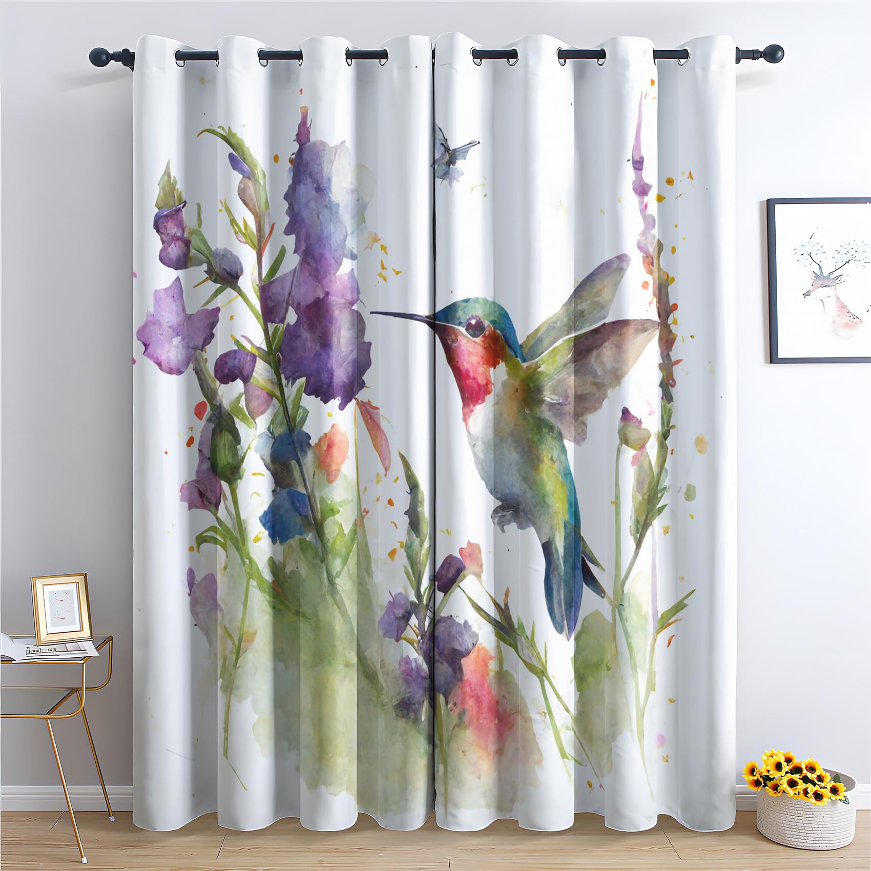 Rideau Occultant Colibri - Isolant Thermique pour Salon Chambre, Motif Fleurs, Opaque à Œillets, Lot de 2 Draperies Intérieur 140x200cm LxH