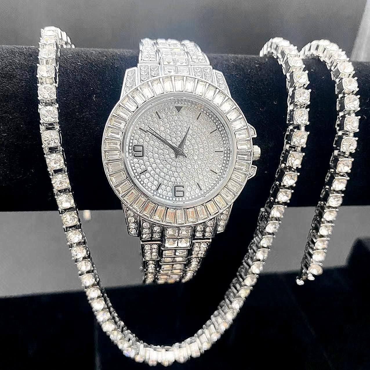 3PC Watch Necklace Bracelet Jewelry Set Men Women's Big Rocks Bezel Colored Dial Diamond Fully Iced Out Watch Tennis Chain Bracelet 5mm Width Bling Bling Items
