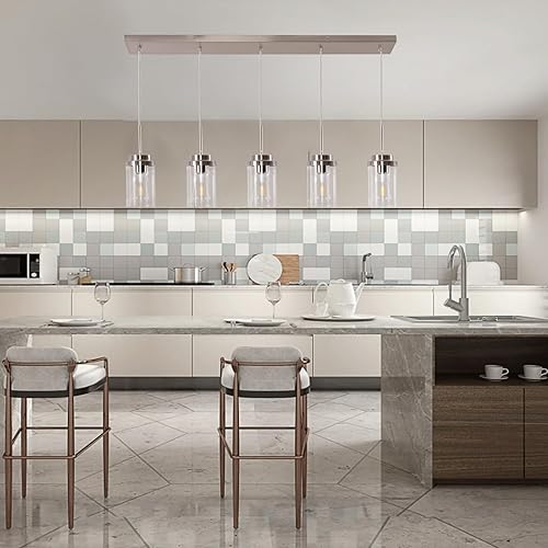 Miniatura 7 de Syveyilla 5 luces de isla para cocina, modernos candelabros lineales industriales de níquel cepillado con pantalla de vidrio transparente para