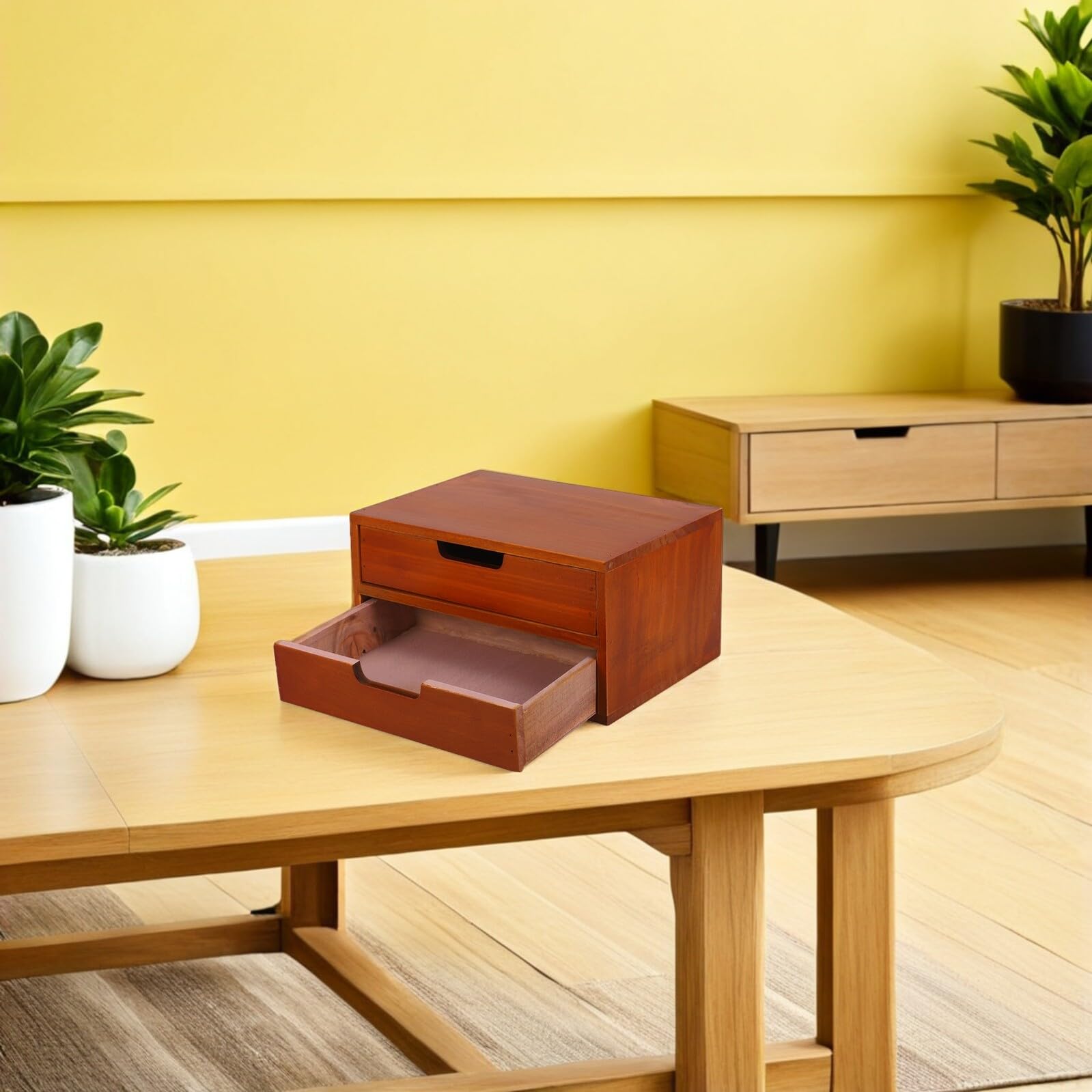 Scatola Portaoggetti in Legno per Scrivania con Doppio Cassetto Mobiletto Decorativo da Tavolo Compatto per Ufficio Organizzatore Multifunzionale per Piccoli Spazi