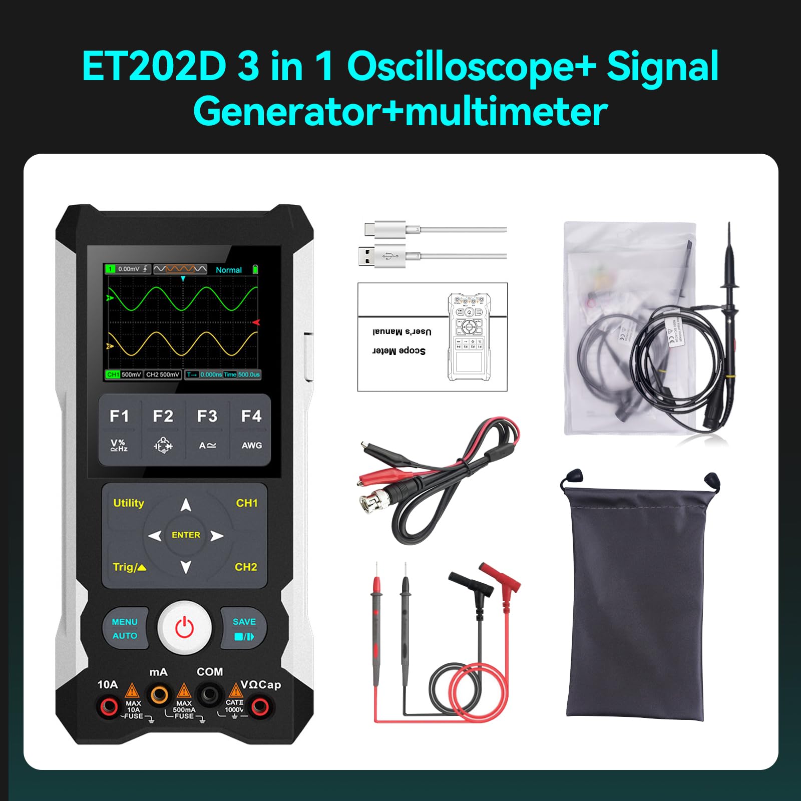 Digitales Oszilloskop + Signalgenerator + Multimeter 3 in 1: Handheld-Digitaloszilloskop 80MHz Bandbreite, 250MS/s, 2 Kanal 2 in 1 Oszilloskop Tragbares Handheld-Oszilloskop für KFZ & Elektronik