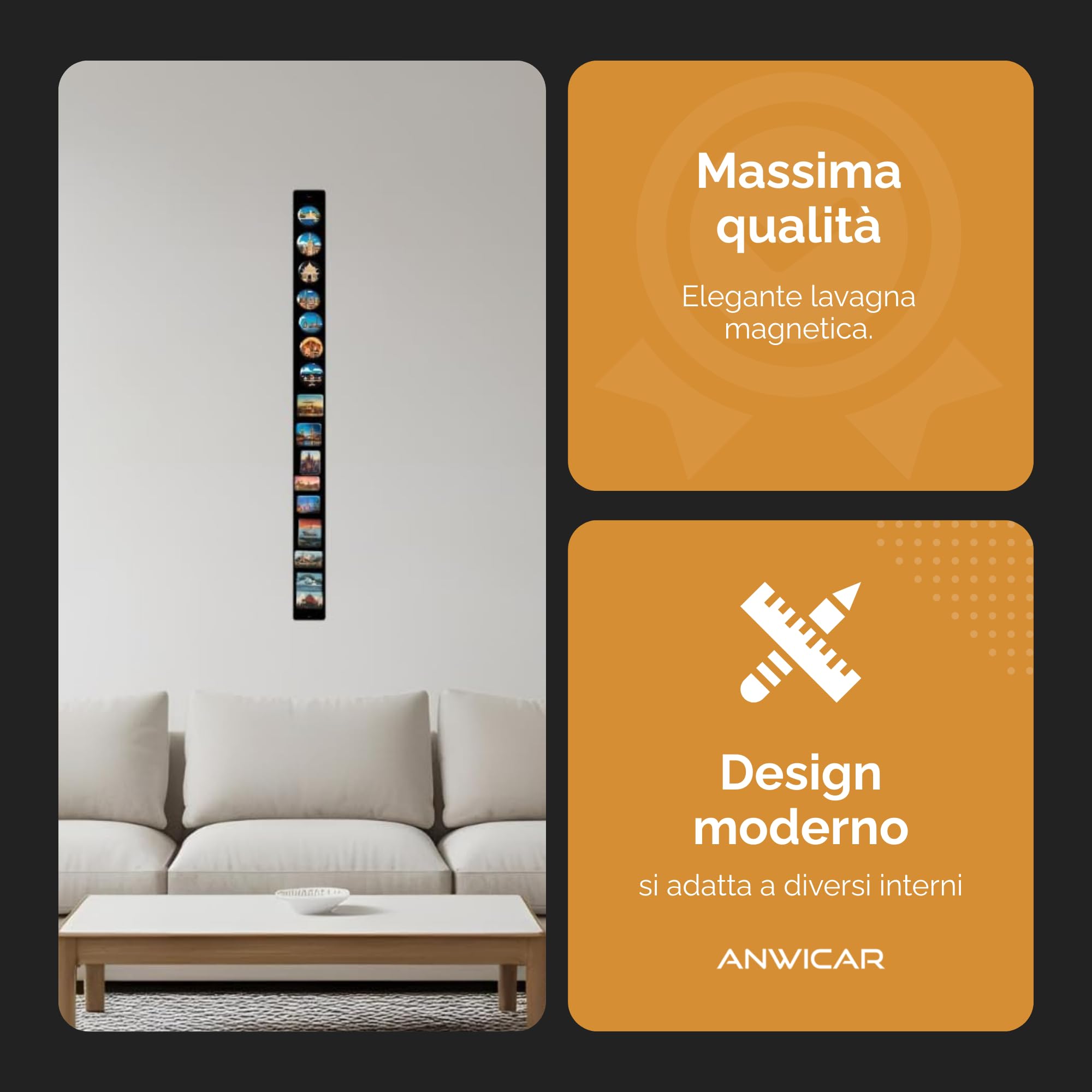 Lavagna Magnetica - Bacheca magnetica 100x6 cm - Ideale per magneti e appunti - Lavagna scrivibile - incl. kit di montaggio - Nero