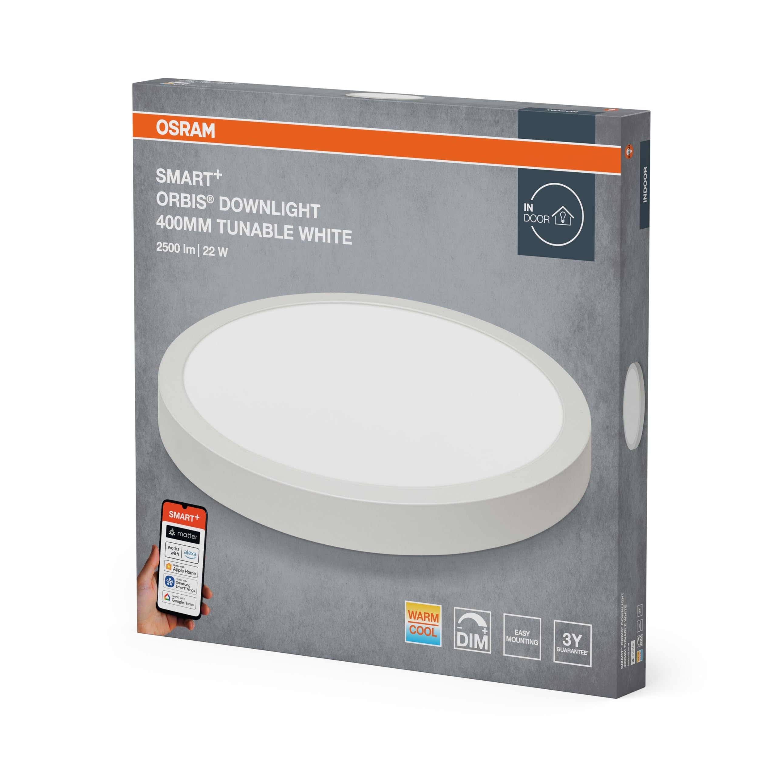 OSRAM SMART+ Matter Orbis LED downlight, okrągły 400 mm, 22 W, 1800 lm, 3000–6500 K, Matter przez WiFi, aluminium biały