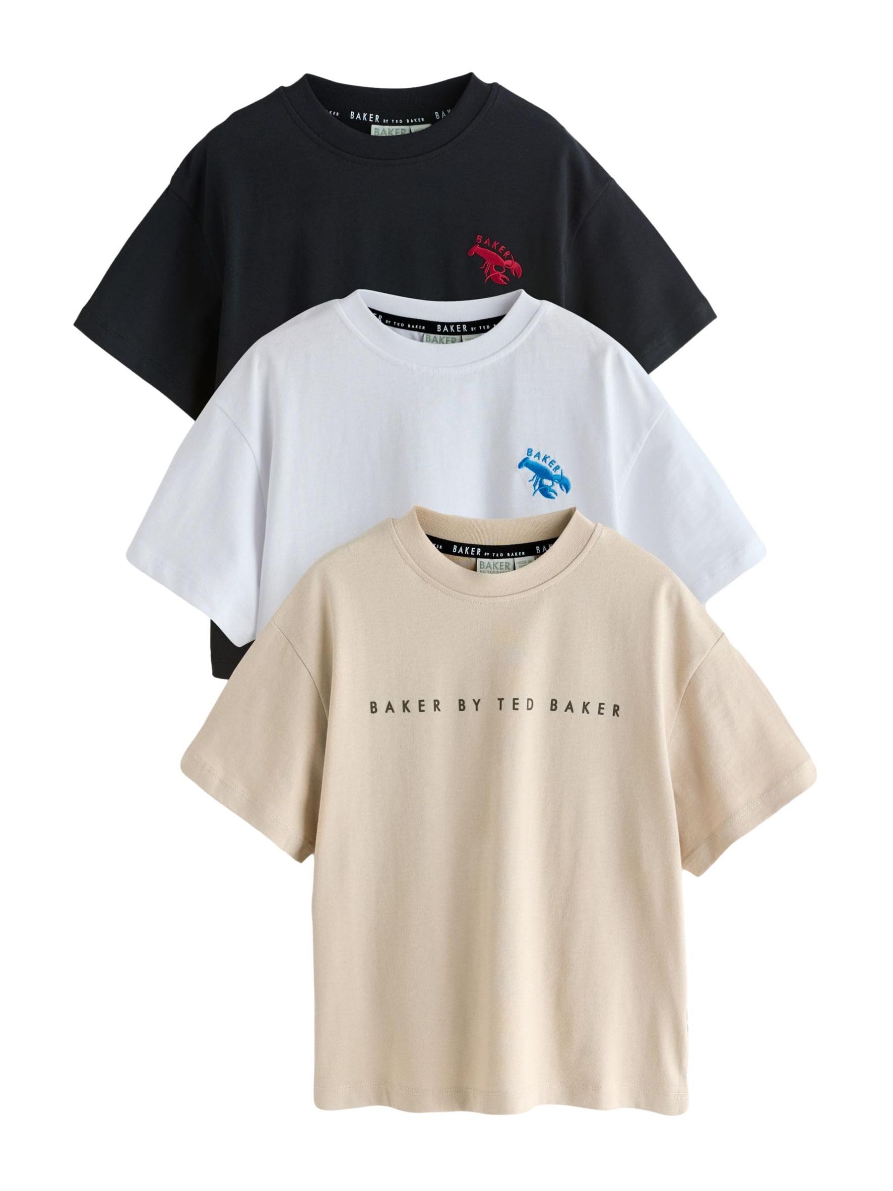 Ragazzo - Confezione da 3 T-Shirt con Logo Ricamato | Beige / bianco / nero, Bambino, Standard, Pull On, Design con l'attuale stile inglese