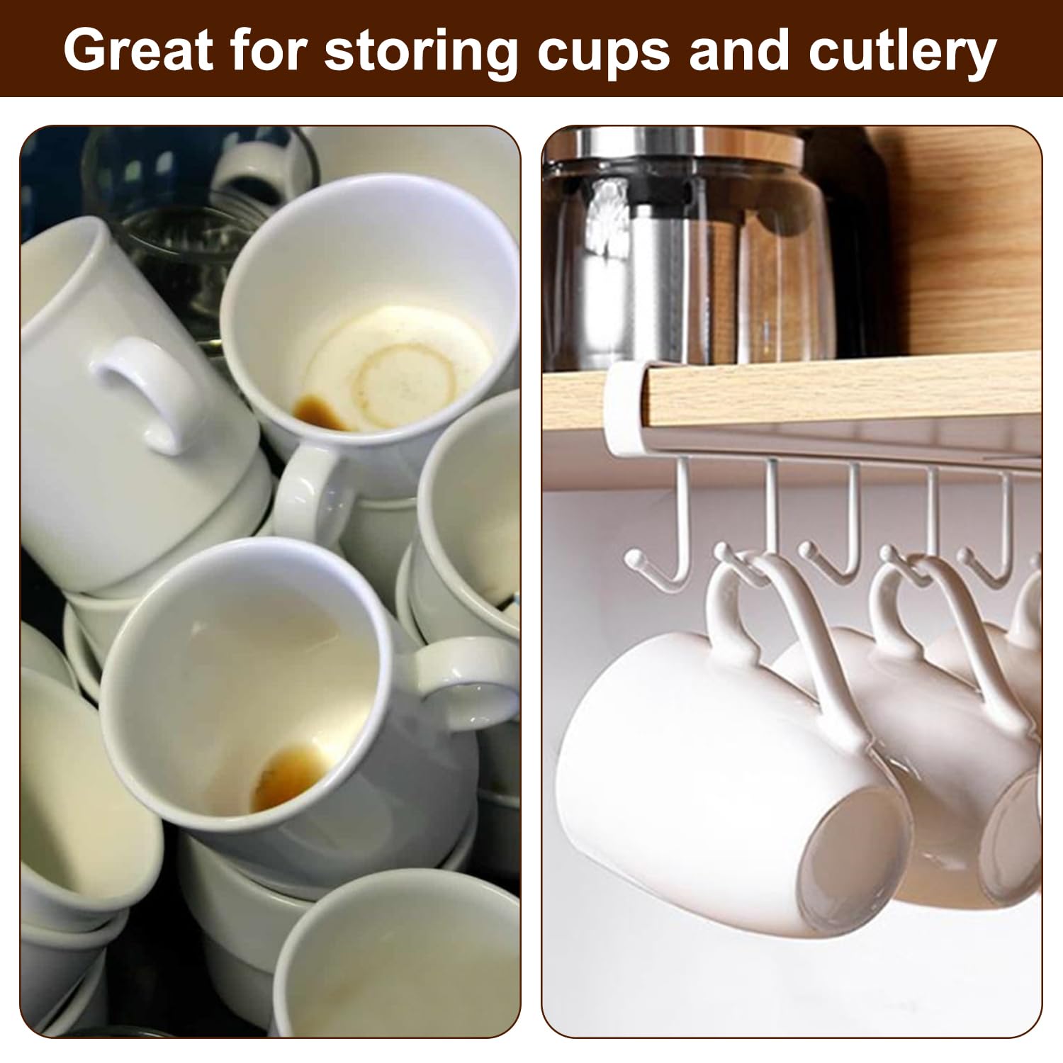 Porte-tasses Muraux Sans Perçage - Lot De 2 Avec 3 Crochets Chacun, Idéal Pour Organiser La Cuisine - Noir Métal