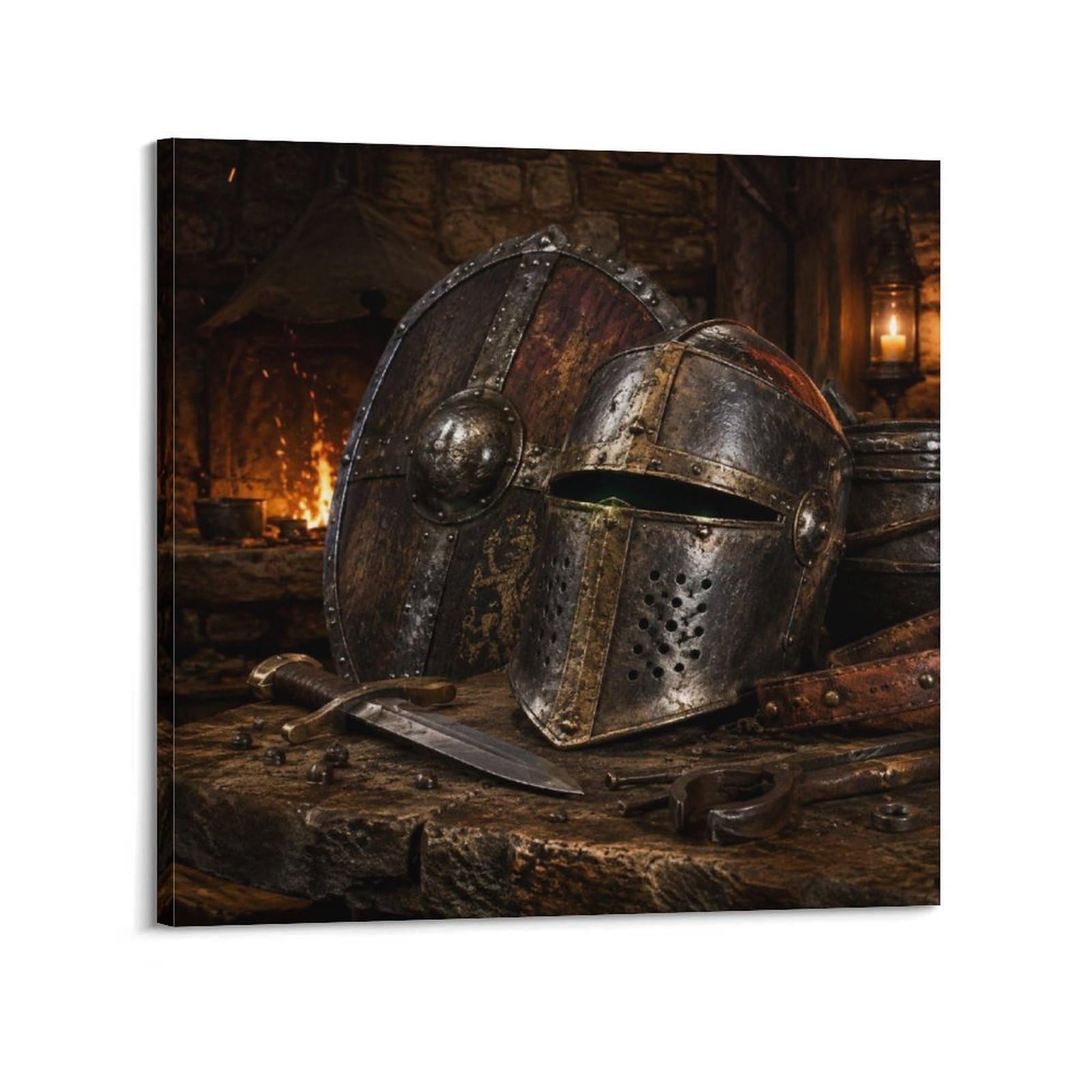 XKUGA Medieval Shield Poster Wood Blacksmith Bench Armor Relic Modern Decorative Canvas Prints - Ideal Wall Art for Family, Man Cave, Game Room, Boys & Girls Bedroom 12x12inch(30x30cm)