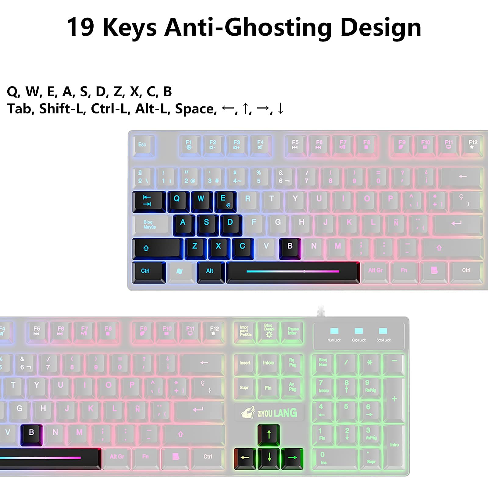 ZIYOU LANG T13 [Español QWERTY] Teclado y Raton Gaming Rainbow LED 104 Teclas para Teclado Mecanico Sentir Gamer 2400 dpi Retroiluminado Raton con Alfombrilla para PS5 PC Laptop Mac - Negro