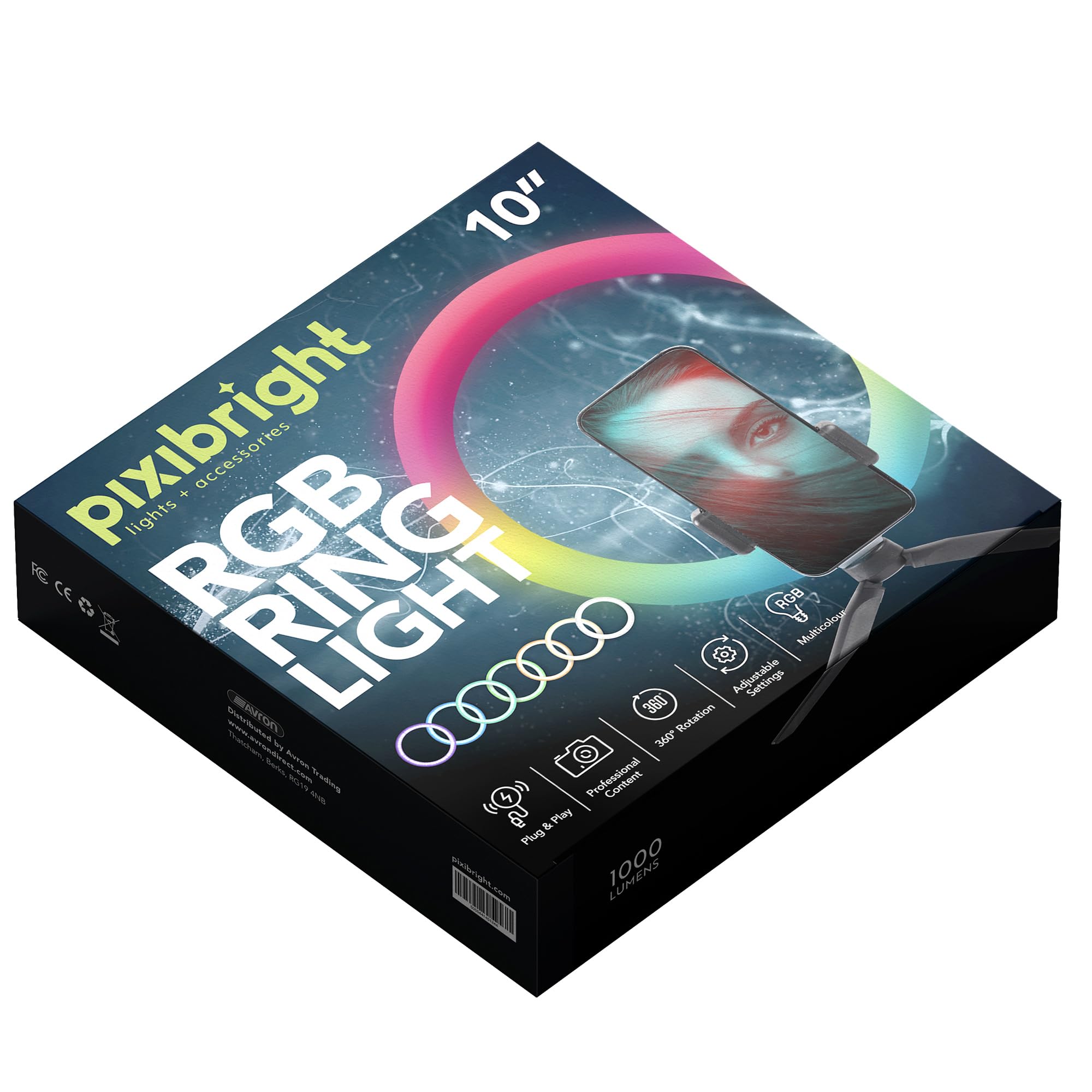 Pixibright RGB Ring Light 10" - 1.6m Tripod Stand, Phone Mount, 2m USB Cable and 1000 Lumens for Perfect Lighting - Ideal for Vlogging, Streaming, and Photography