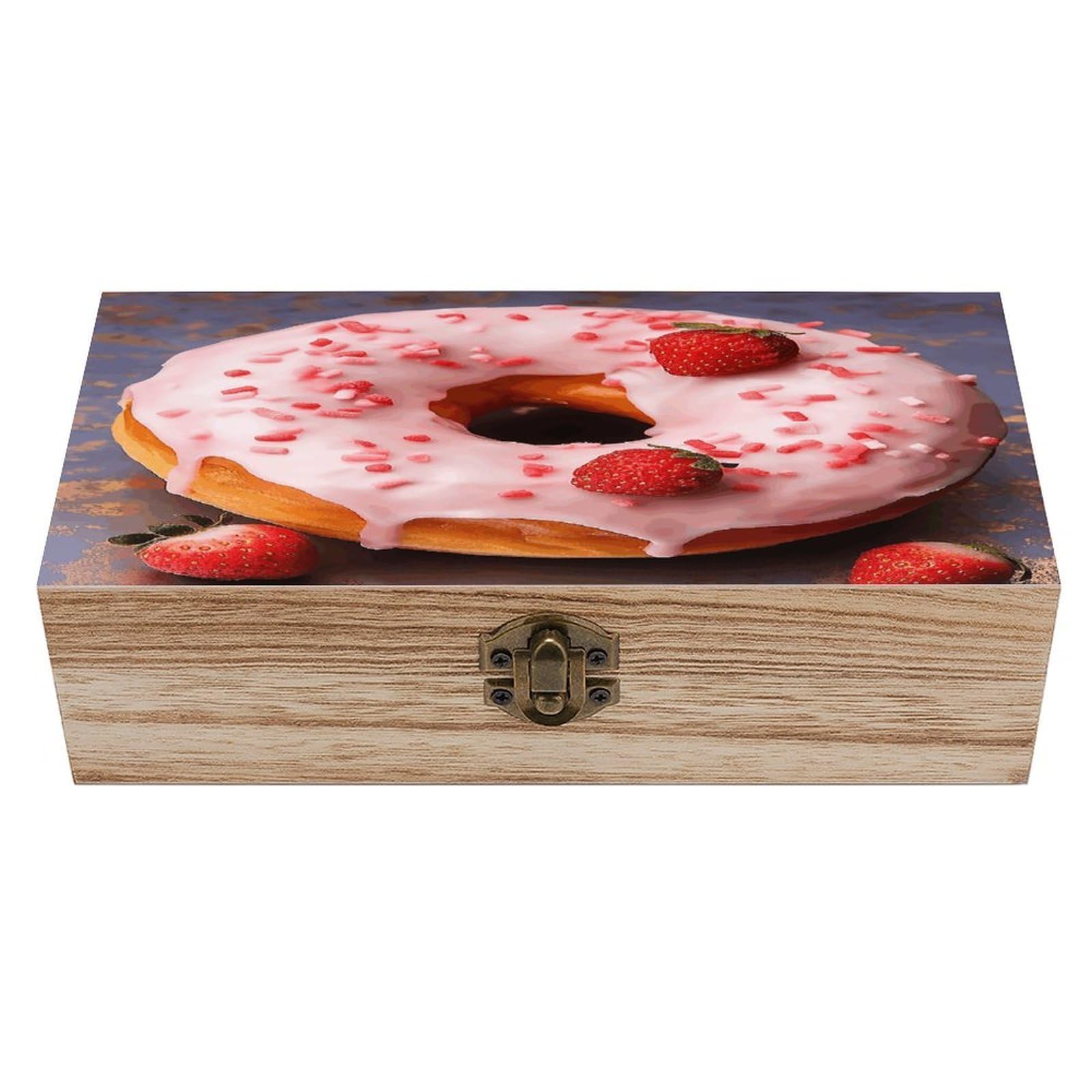 FekiLoot Strawberry Donut Wooden Box with Hinged Lid Vintage Storage Box Beautifully Wood Keepsake Boxes Jewellery Organiser & Trinket Holder Unique Gift Ideas for Men & Women