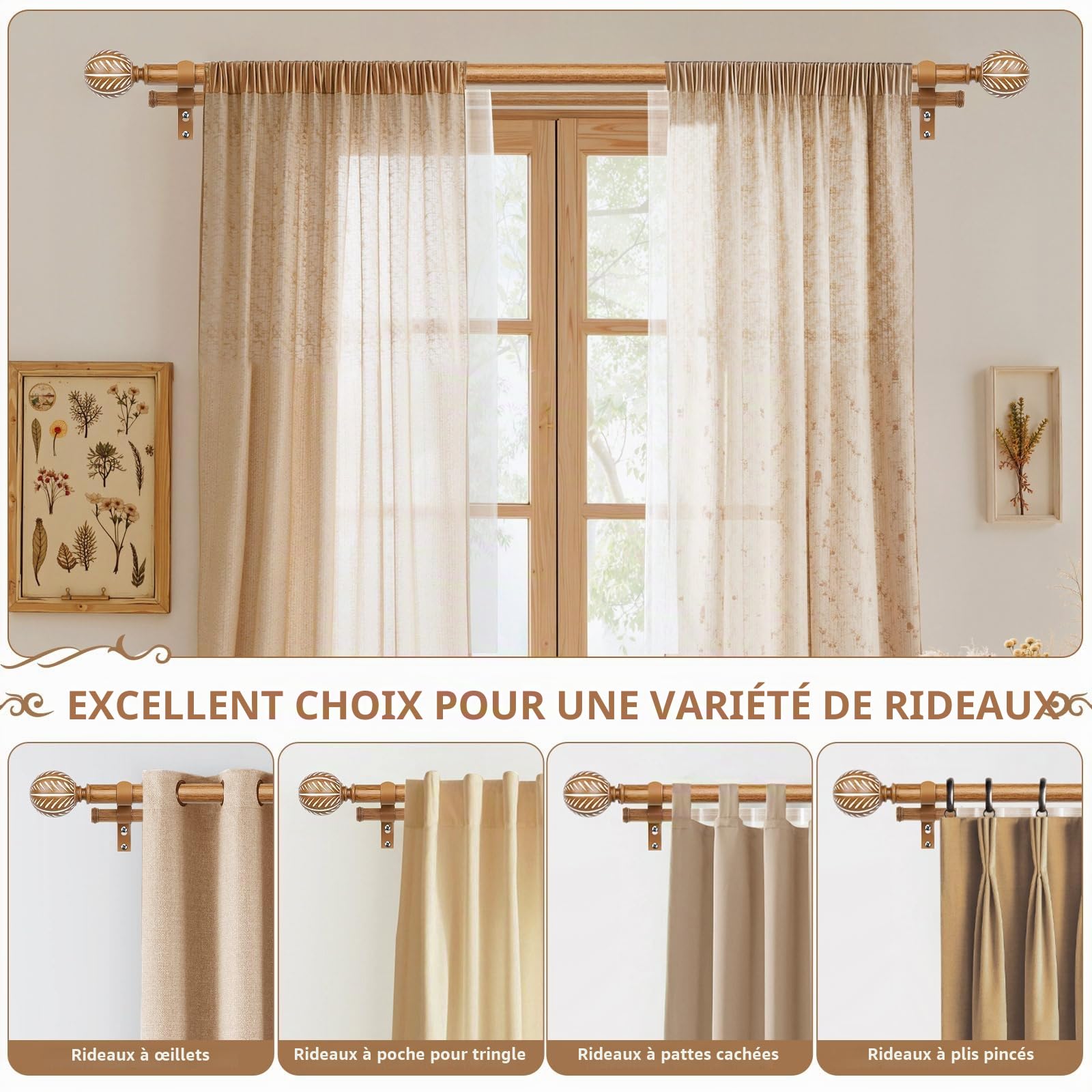 KAMANINA Tringle à rideaux double en bois de 2,5 cm pour fenêtres de 167,6 à 304,8 cm (1,5 à 3 m) – Tringles à rideaux décoratives très résistantes avec embouts à motif de feuilles – Grain de bois