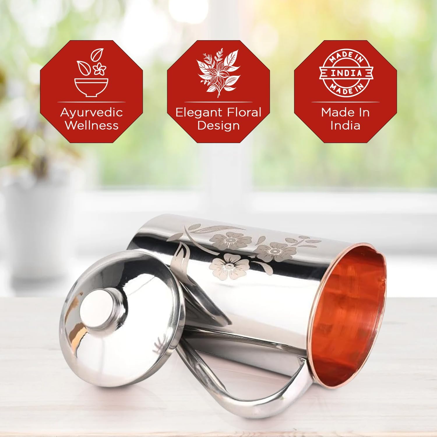 2actielife Ayurvedic Copper & Stainless Steel Water Jug | Pure Copper Inside, Durable Stainless Steel Outside | 1.5L Floral Design Pitcher for Health & Wellness - Image 4