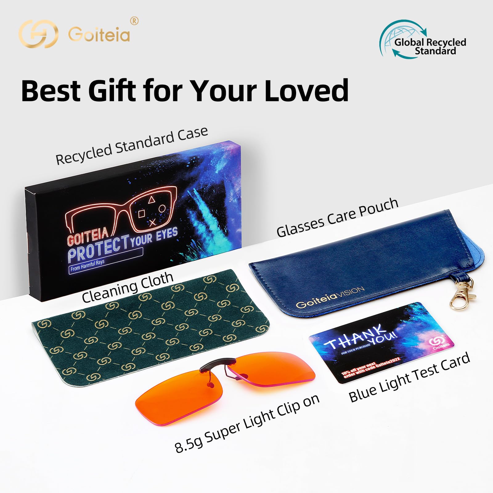 Goiteia - Gafas con clip para bloqueo de luz azul|Gafas con clip para ordenador y juegos para una mejor noche de sueño|Anti tensión ocular (más del 99% de filtro de luz azul-transparente)