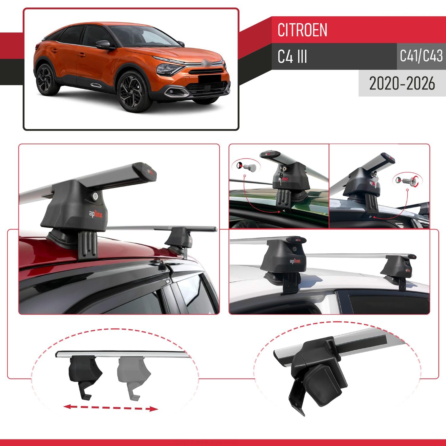 Compatible con Citroen C4 2020-2023 Portaequipajes para techo ACE-4 Pack de portaequipajes para techo Gris
