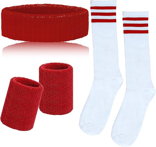 Miniatura 9 de Sucrain Juego de 5 bandas para el sudor y calcetines a rayas, bandas deportivas para el sudor, bandas para sudar, bandas para sudar, rojo, blanco