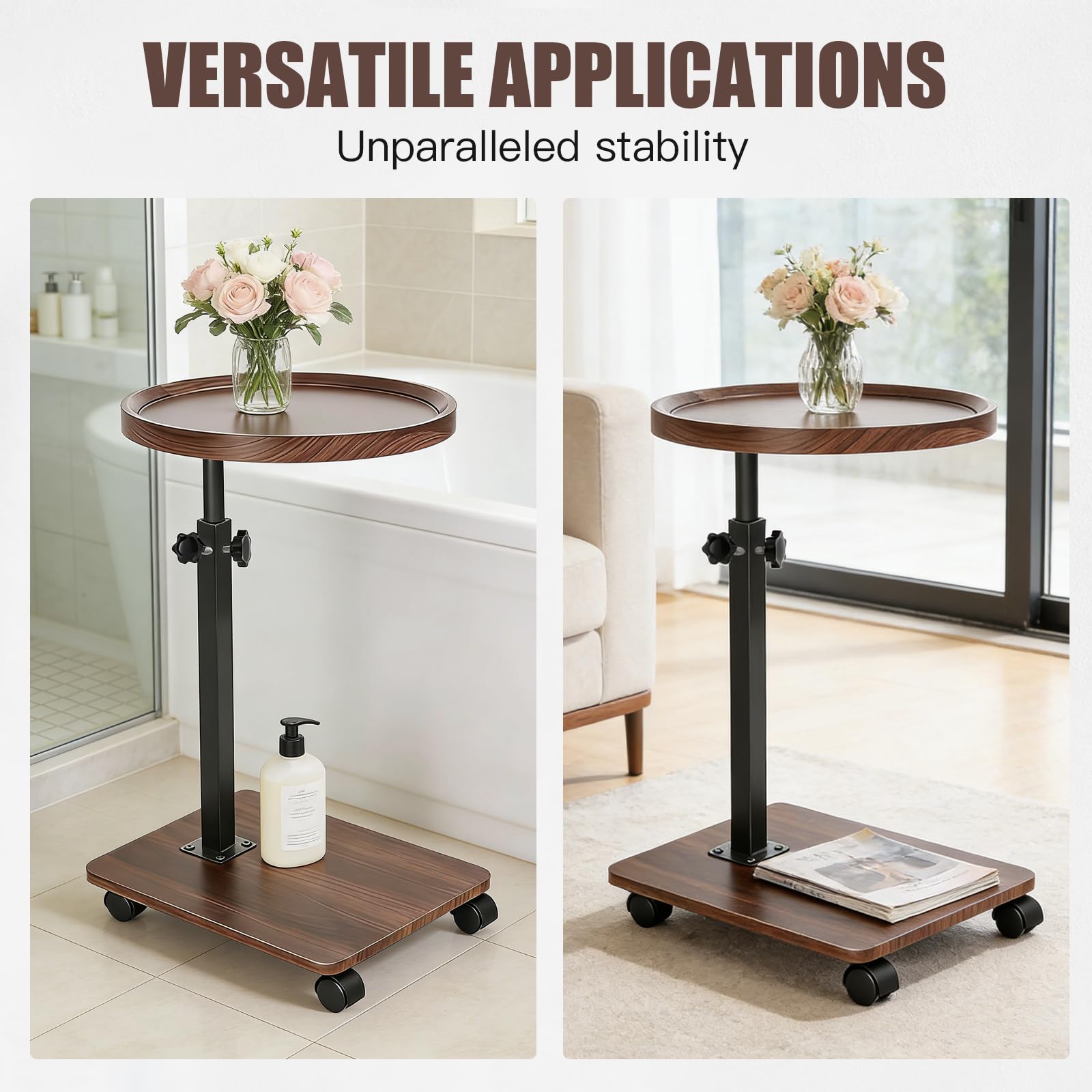 Mesa Auxiliar con Ruedas en Forma de C – Altura Regulable 45-80 cm y Girable 360° – Mesita para Sofá y Cama – Ideal para Salón, Dormitorio y Balcón
