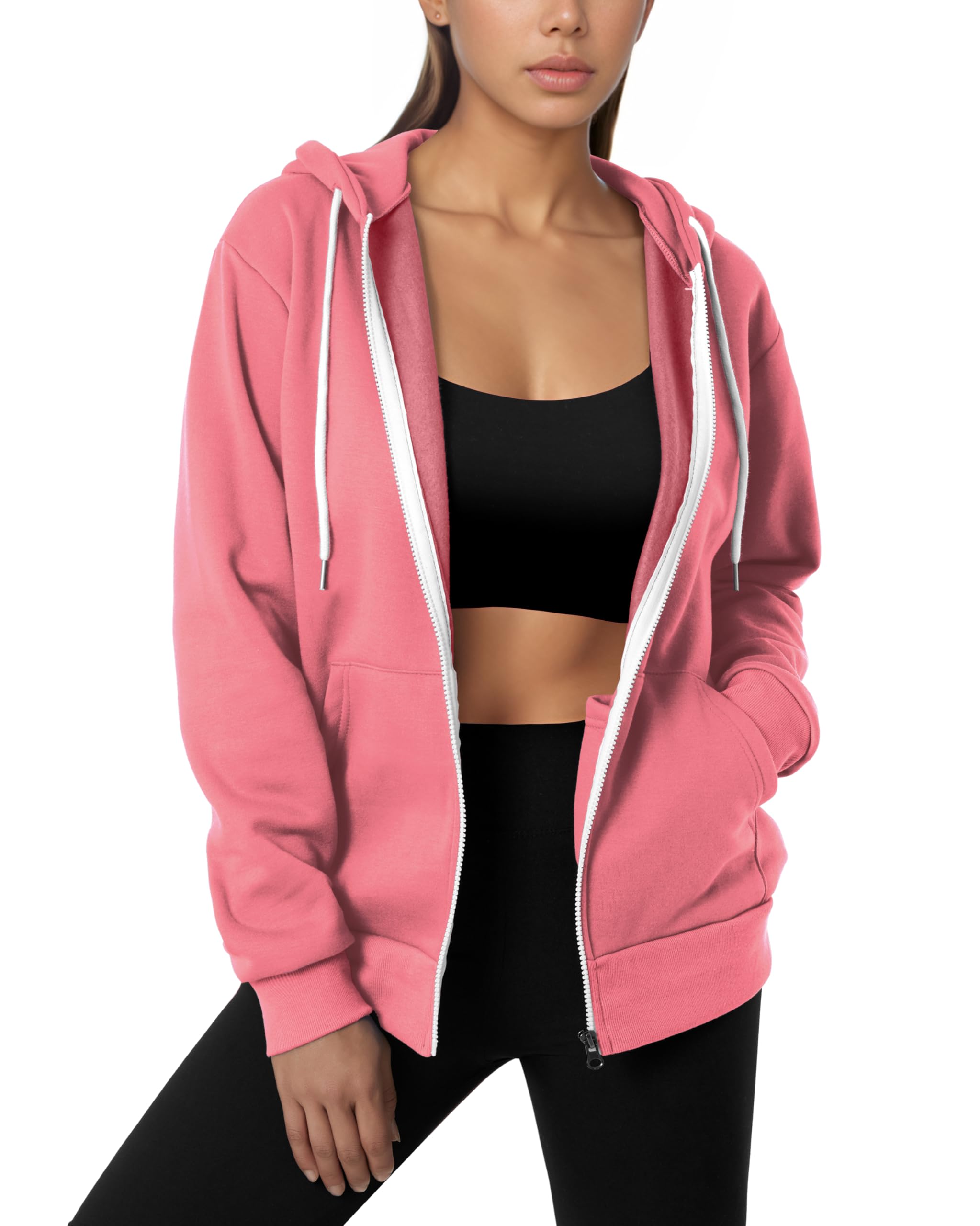 GIVON Women's Lightweight Fleece Zip Up Hoodie Regular Fit Solid Color with White Drawstring & Zipper