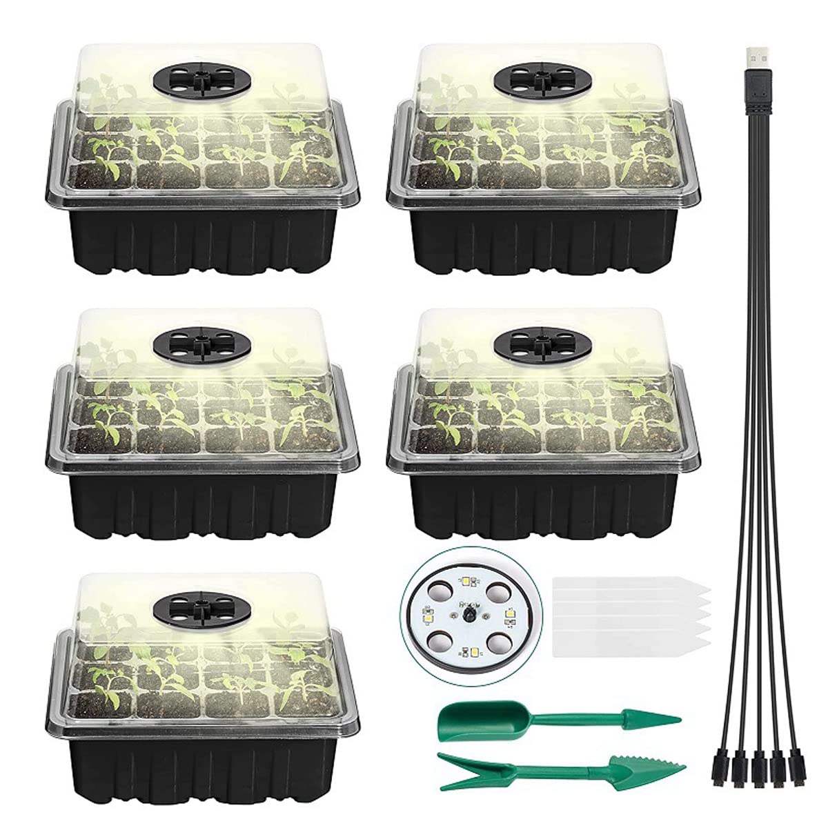 Piantine Vassoio di Germinazione, 60 Celle Mini Serra per Piantine con Assoio di Base e Coperchio, Vassoi per Propagatore di Semi con Luci a LED, umidità Regolabile, per Crescita delle Pi(Color:Nero)