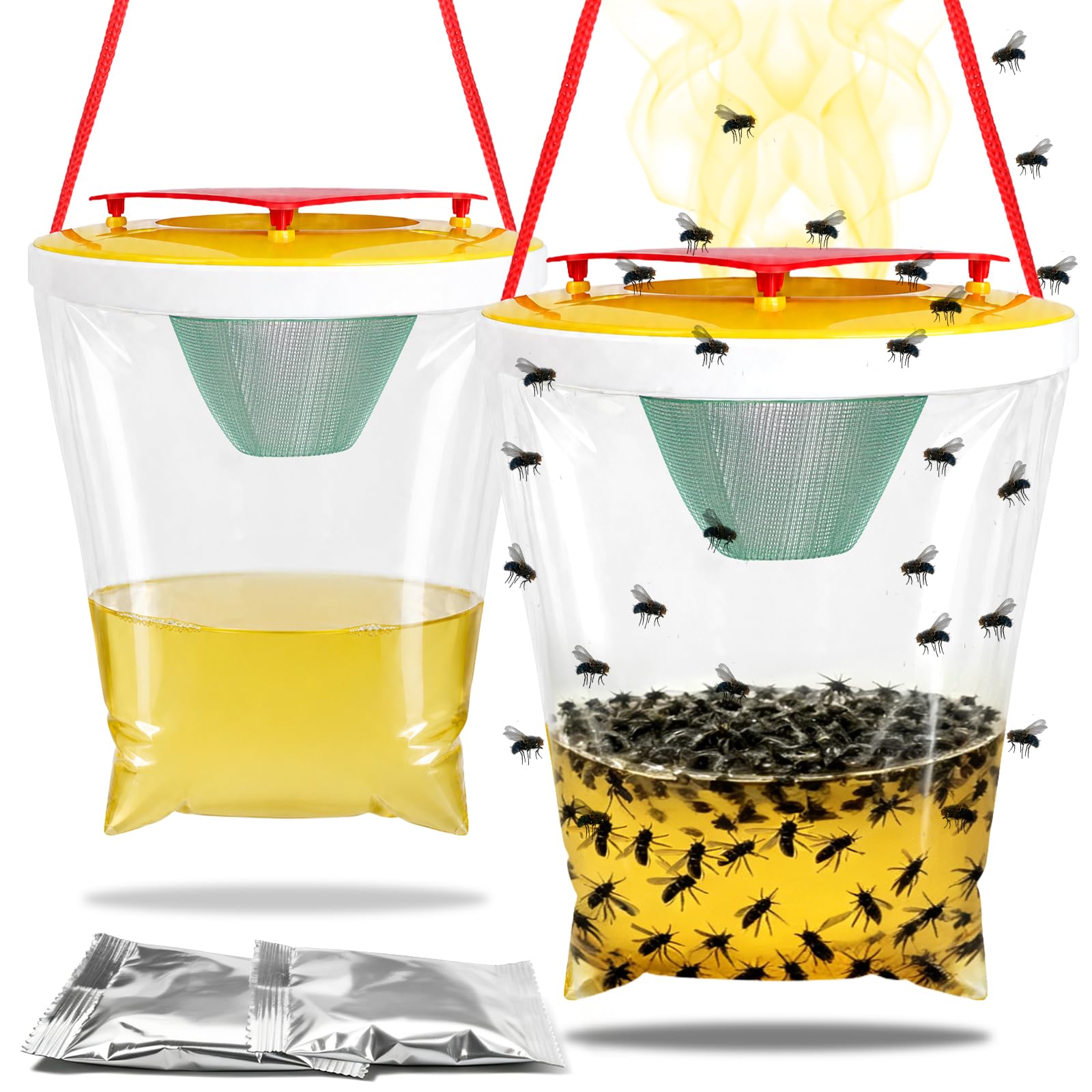 2 Pcs Hanging Fly Trap Bags with Bait, Disposable Outdoor Fly Catcher