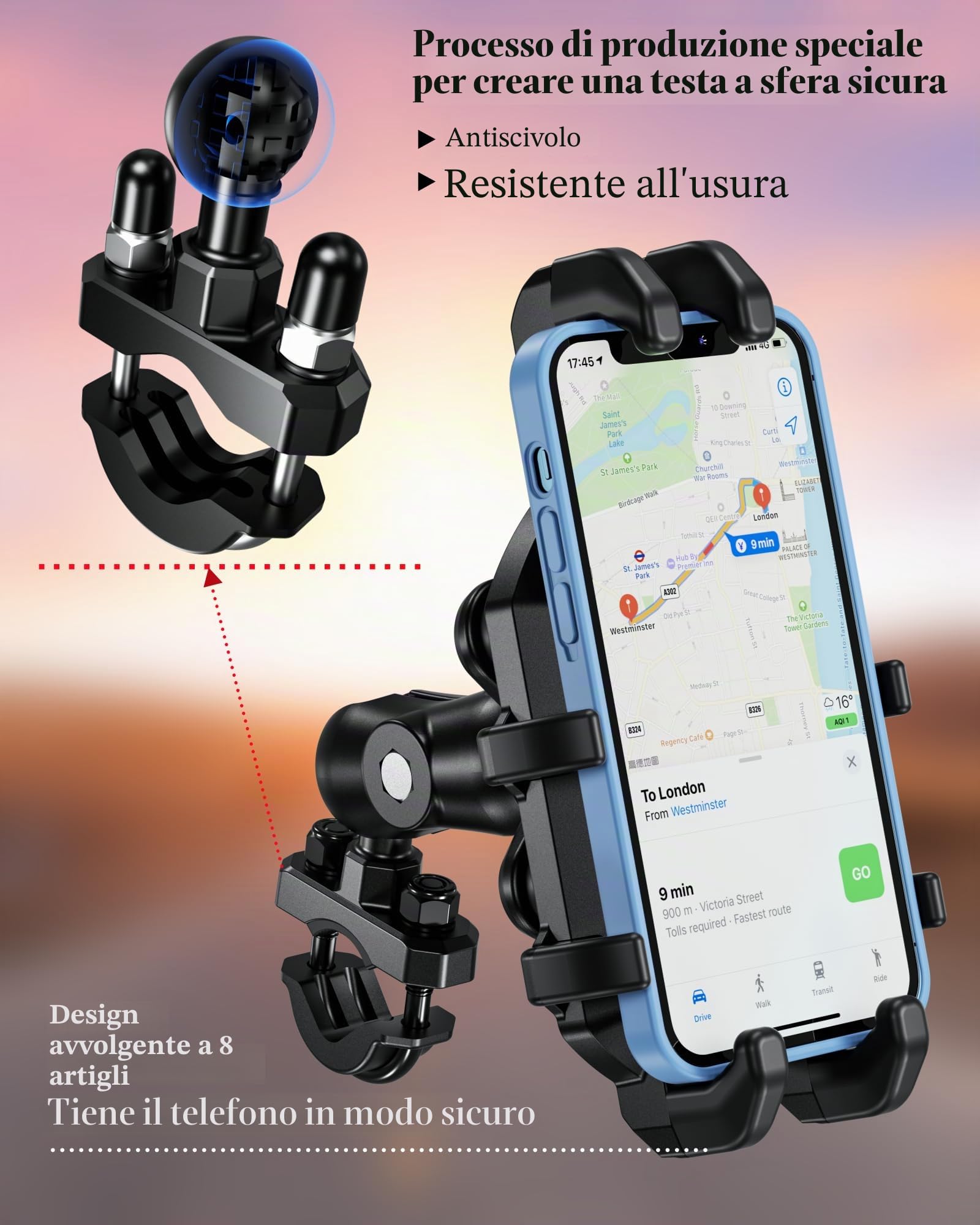 BRCOVAN Supporto per telefono da moto con antivibrazioni, supporto per telefono da moto, manubrio regolabile, per moto, bici, scooter, ATV, adatto per smartphone da 13,7 a 18,2 cm