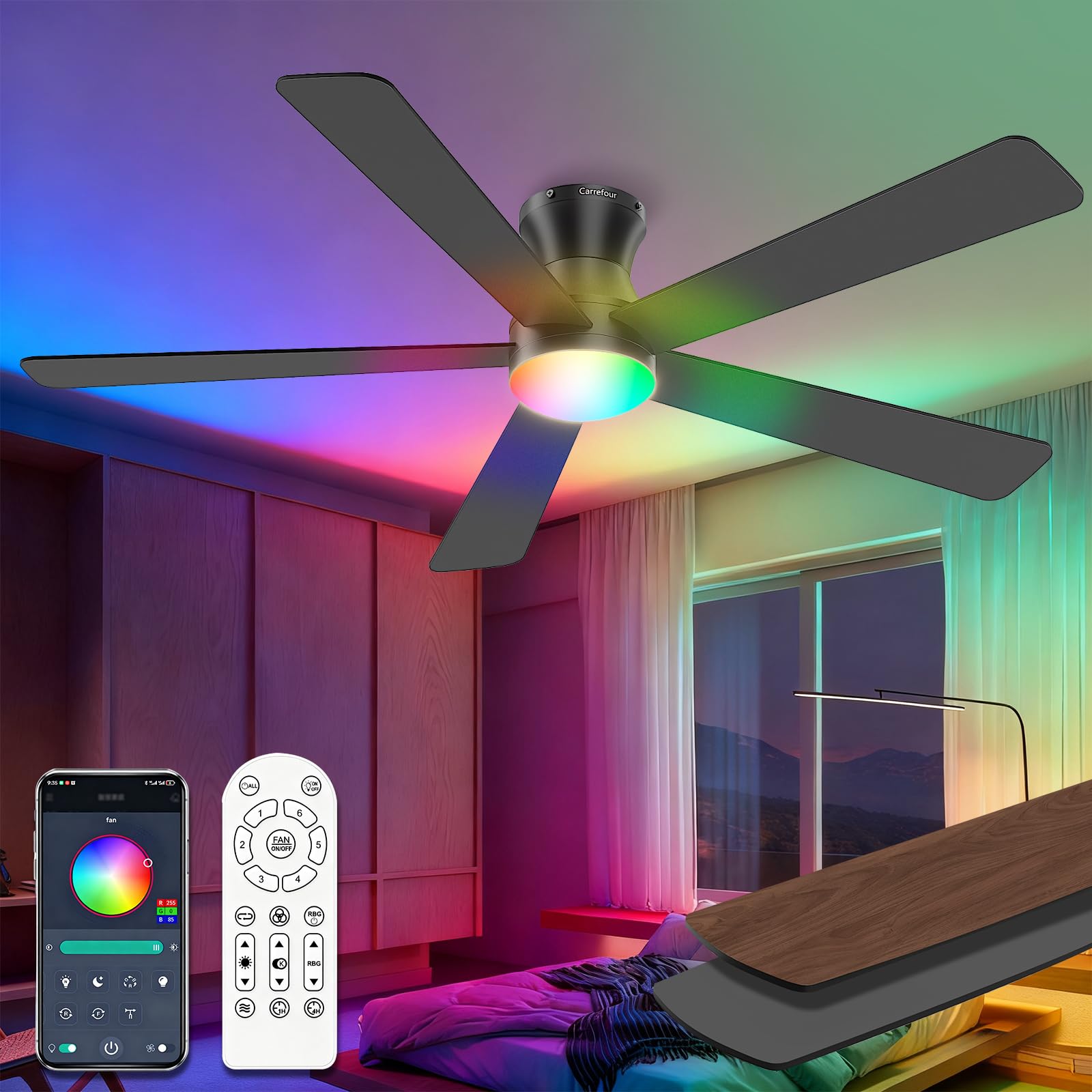 Photo 1 of Carrefour Ceiling Fans with Lights 52 Inch Remote and App Control, Low Profile Flush Mount Modern Ceiling Fan with RGB Light, 6 Speeds Reversible DC Motor, Dimmable 3 CCT for Bedroom, Living Room